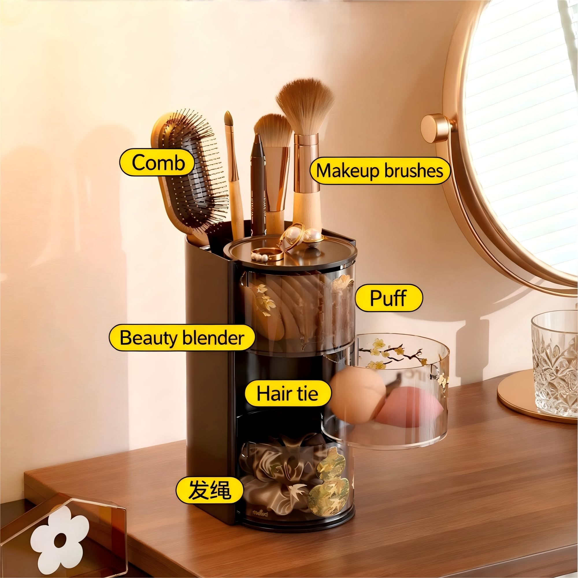 Azurphoric all-in-one organizer enhances dressing table aesthetics and function.