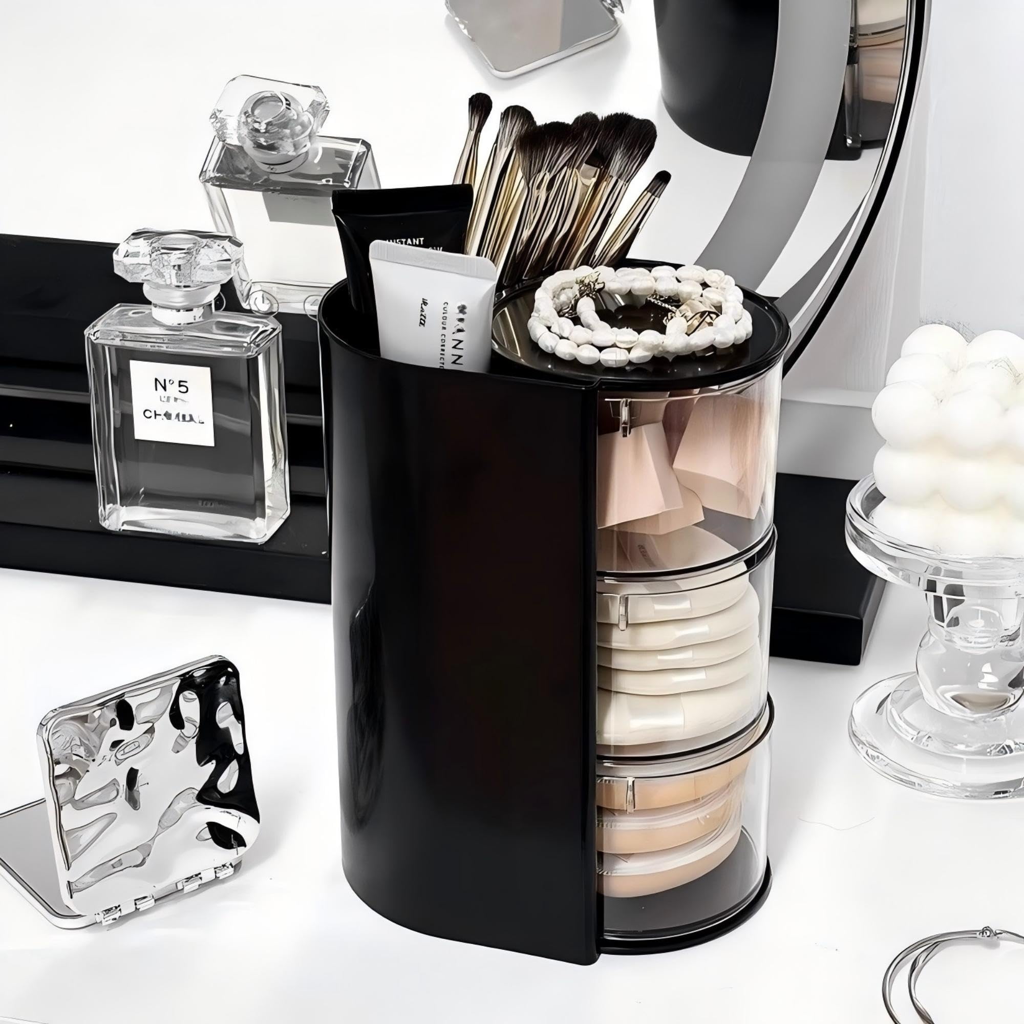 Azurphoric makeup brush holder features three layers for easy organization.