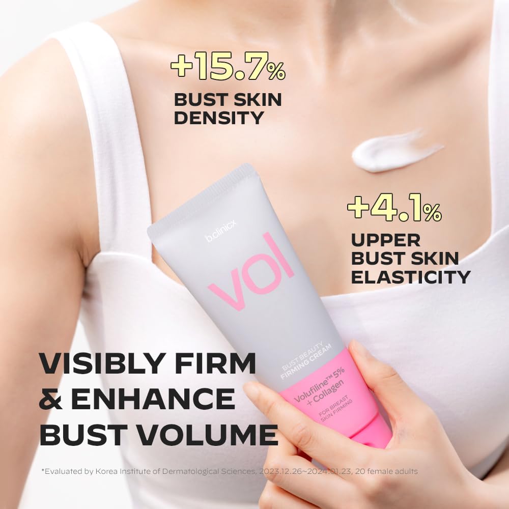 b.clinicx Beauty Firming Cream Volufiline 5% closeup emphasizes volumizing formula.