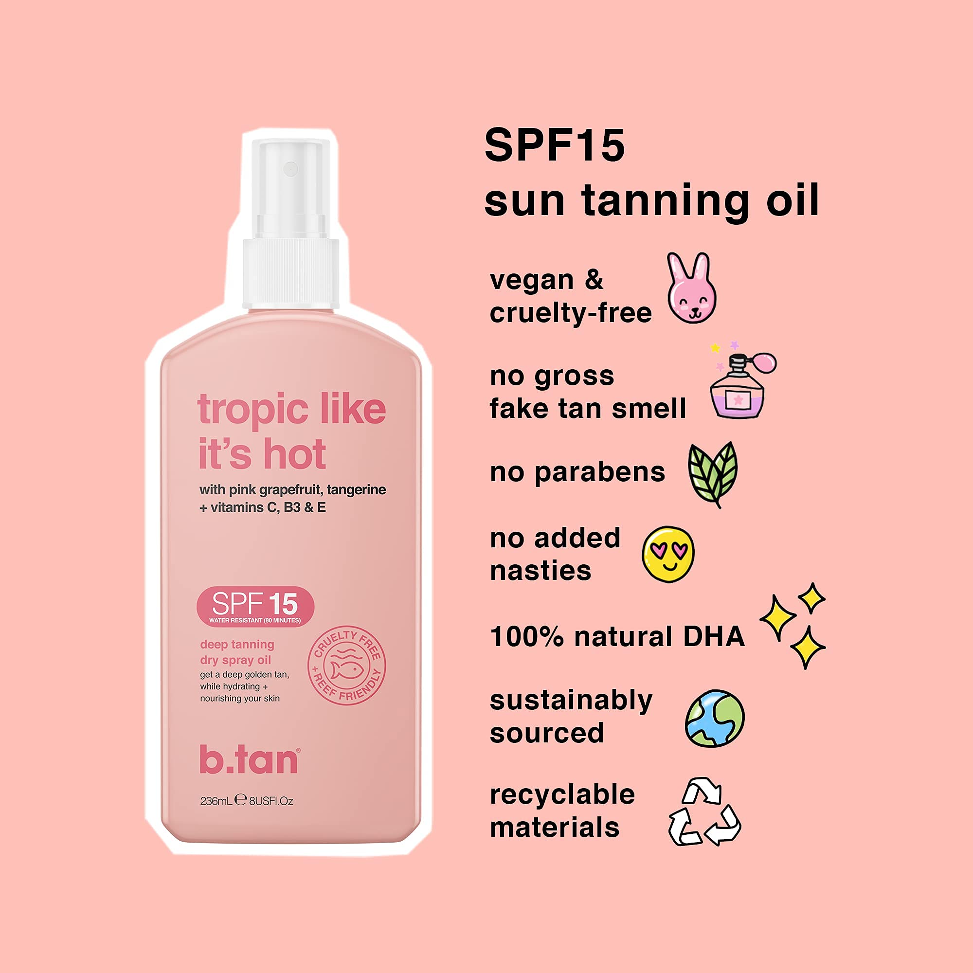 B.TAN grapefruit-tangerine nourishing formula bottle delivering fruity skincare during sun exposure.