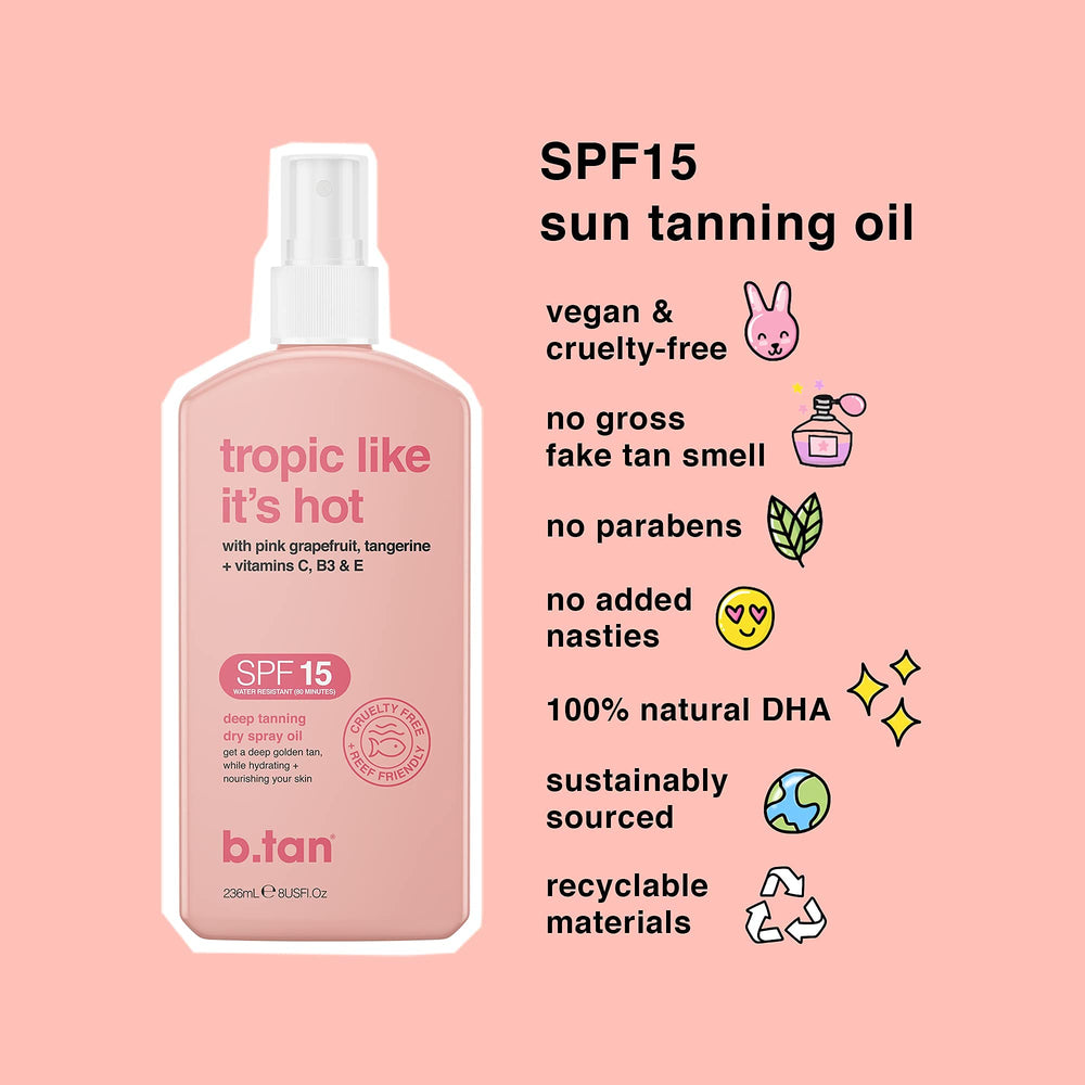 B.TAN grapefruit-tangerine nourishing formula bottle delivering fruity skincare during sun exposure.
