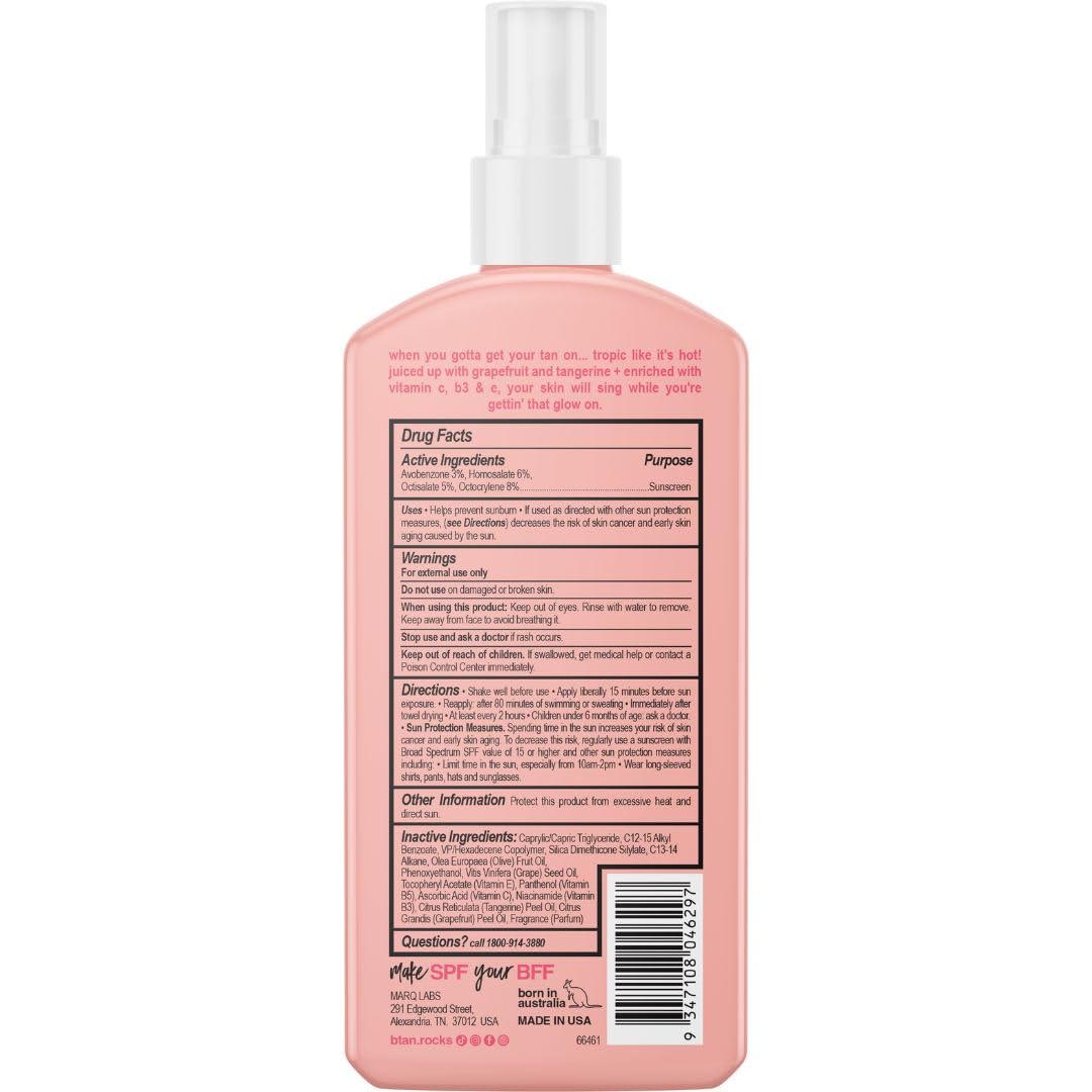B.TAN SPF 15 broad-spectrum oil bottle with light sun protection while tanning.