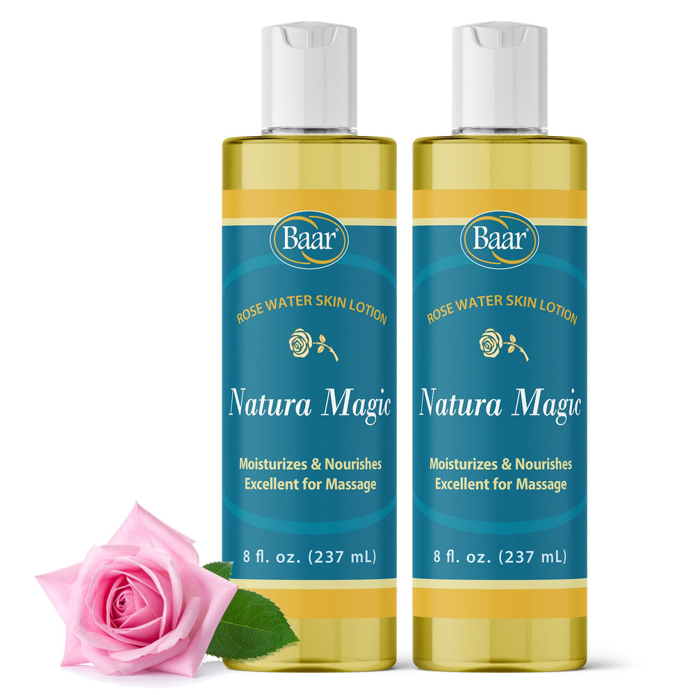 Baar Natura Magic Rose Water Lotion bottle pouring for refreshed skin hydration.