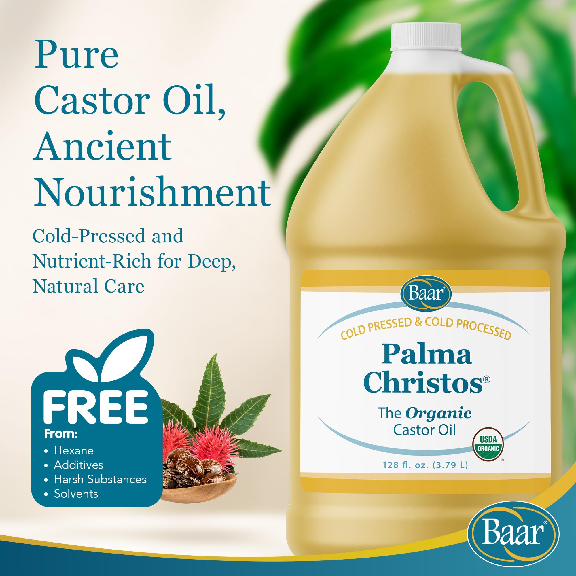 Baar Organic Castor Oil bottle emphasizes eyebrow growth and lash nourishment.