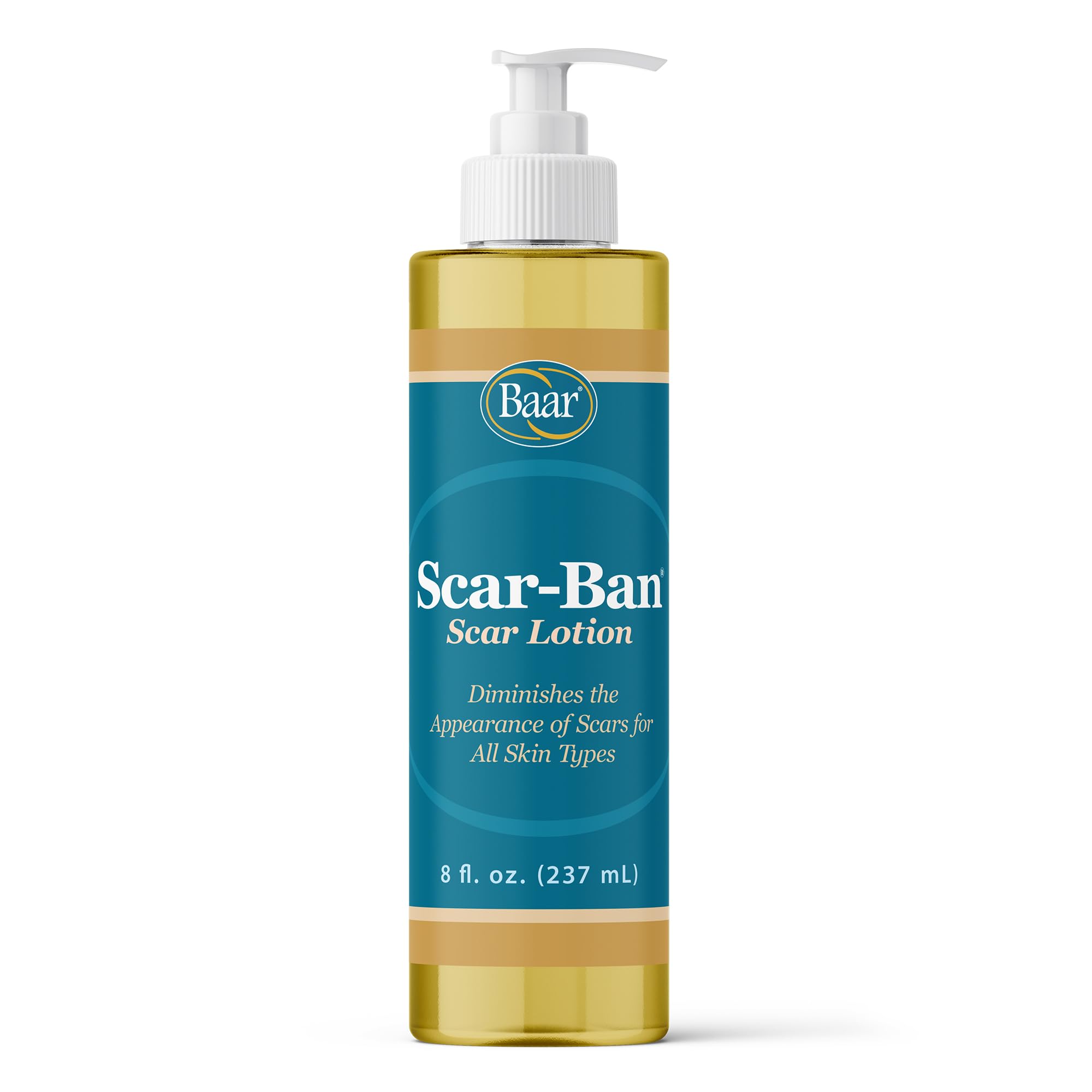 Baar Scar Ban 8oz pump bottle ready for scar tissue massage and skin softening.