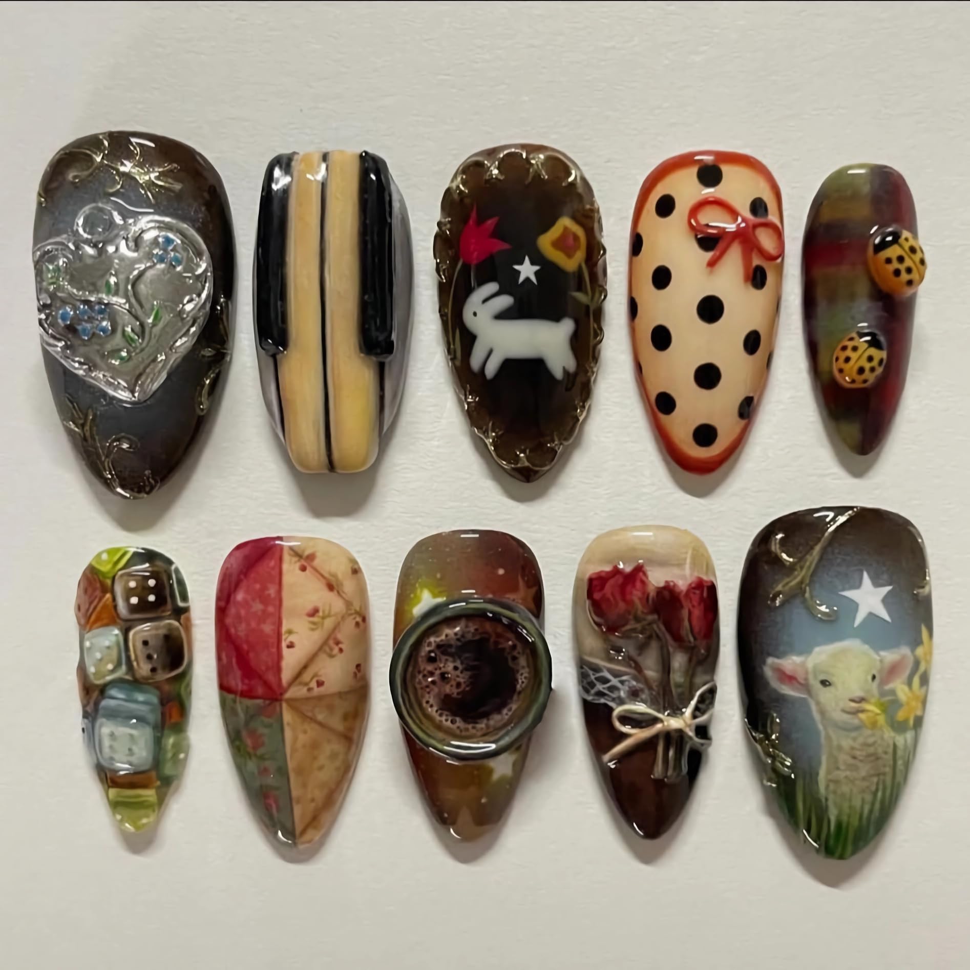 BABALAL press-on nails medium almond rabbit design for playful party looks.
