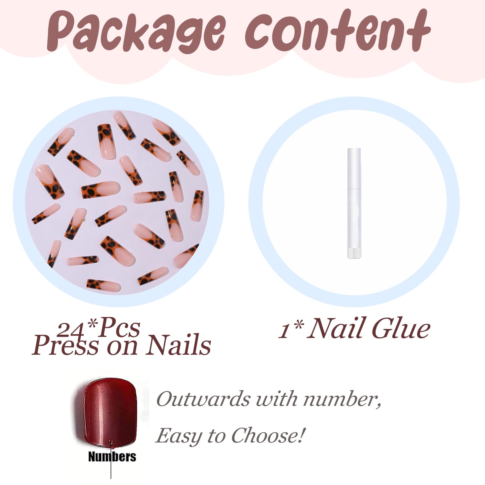 BABALAL square nails in brown French tip cheetah design with versatile 12-size set