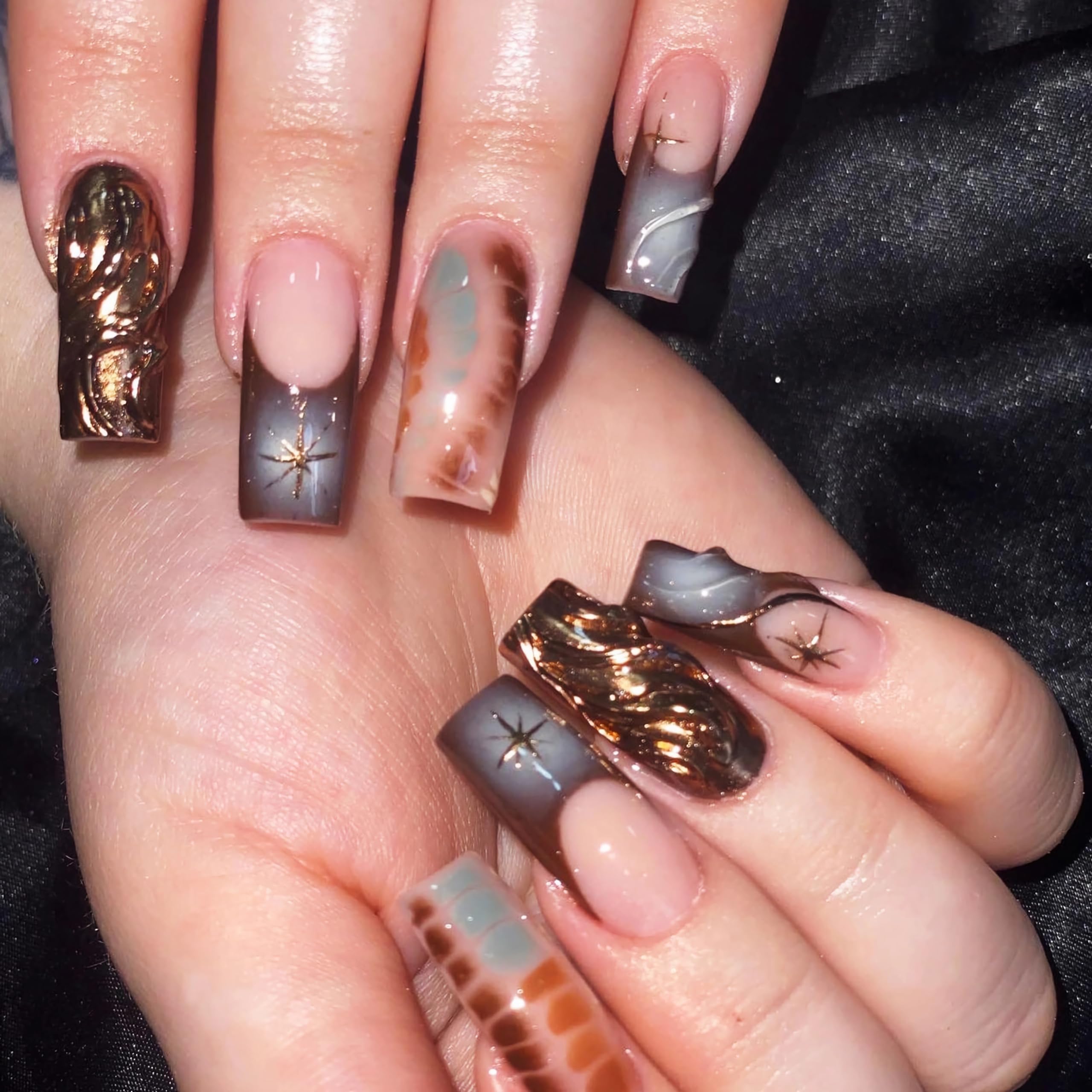 Babalal square press-on nails with brown chrome and French tip for chic manicures.
