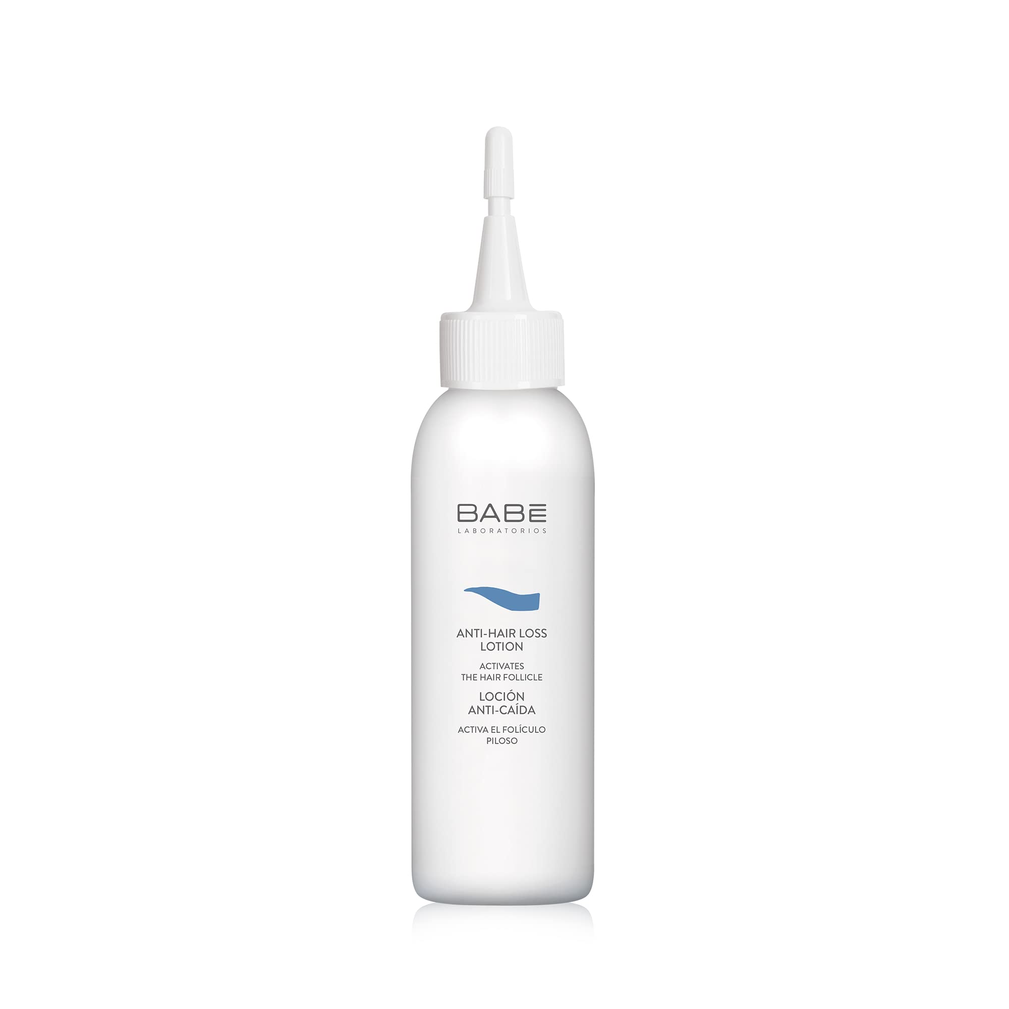 Babe Laboratorios Anti Hair Loss Lotion bottle close-up highlighting lightweight scalp nourishment