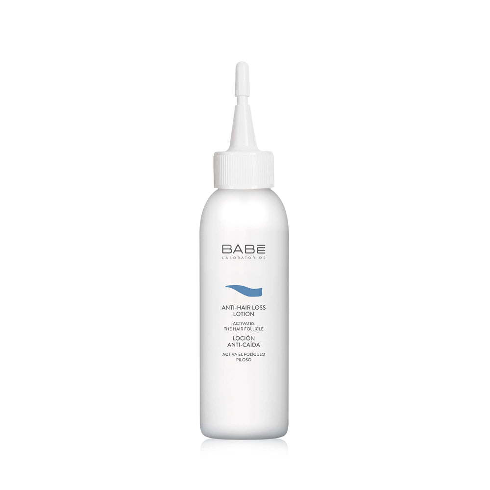 Babe Laboratorios Anti Hair Loss Lotion bottle close-up highlighting lightweight scalp nourishment