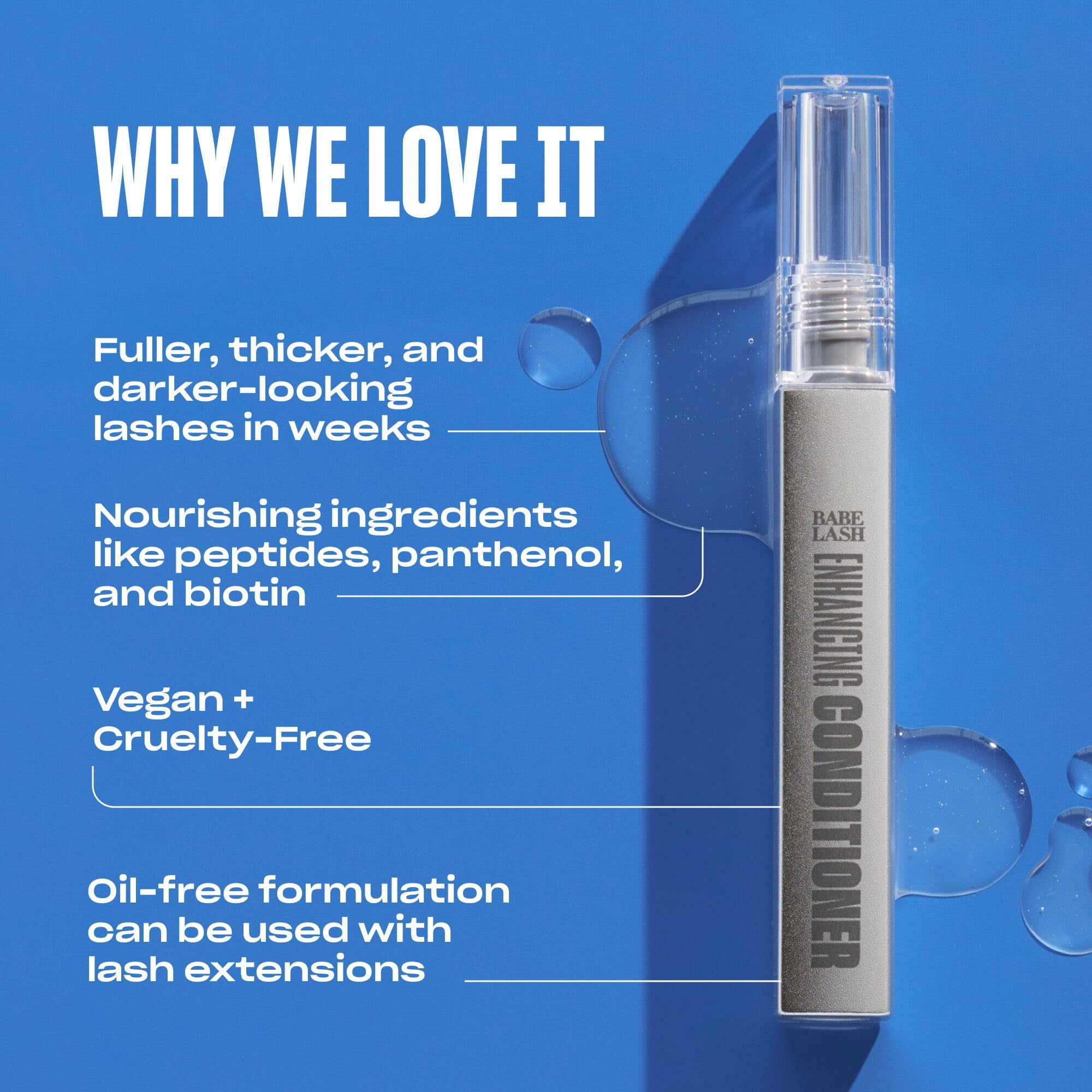 BABE ORIGINAL Enhancing Conditioner serum visual highlights peptides and biotin for nourished lashes.