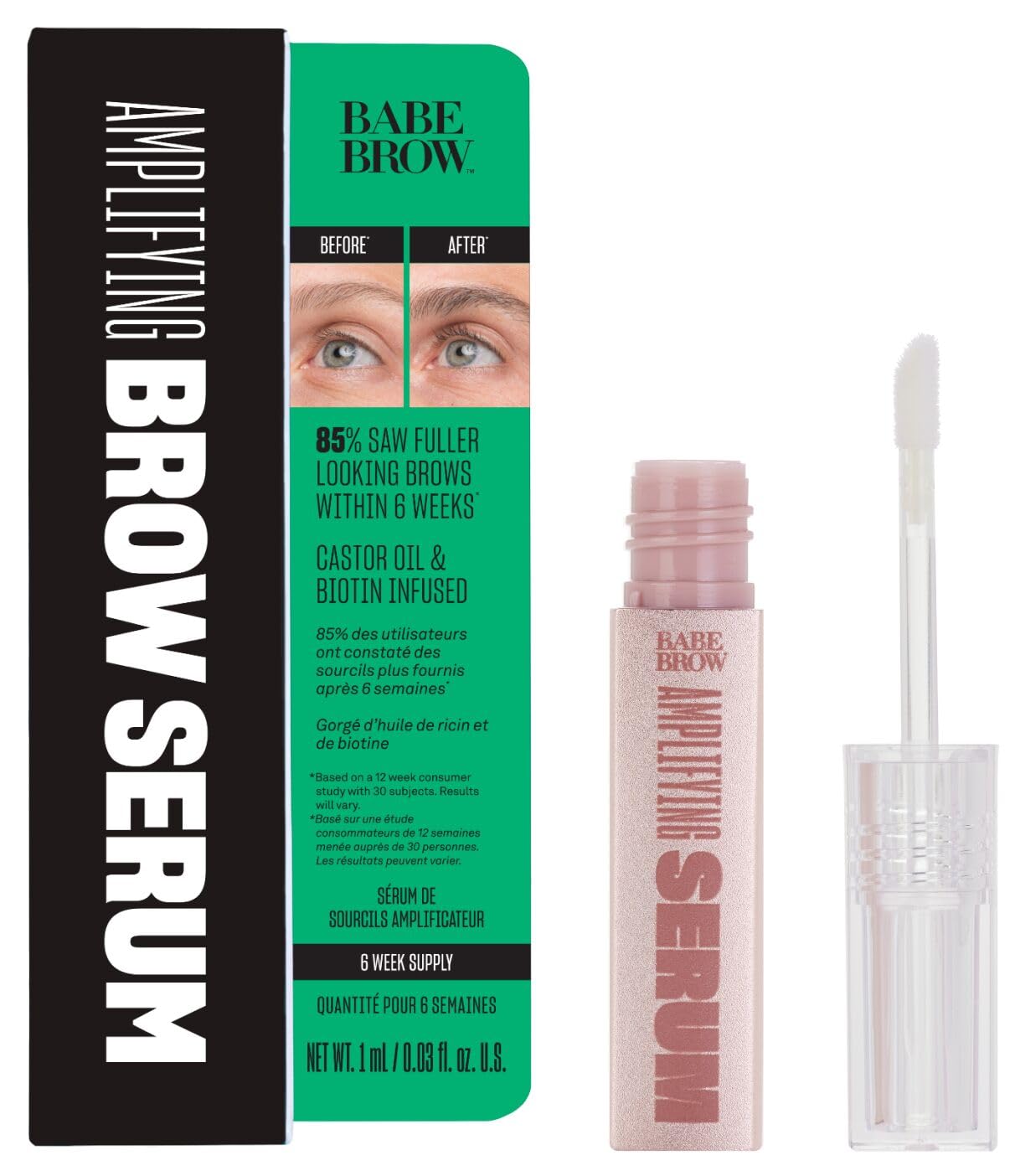 BABE ORIGINAL eyebrow serum bottle close-up for nourished brows.