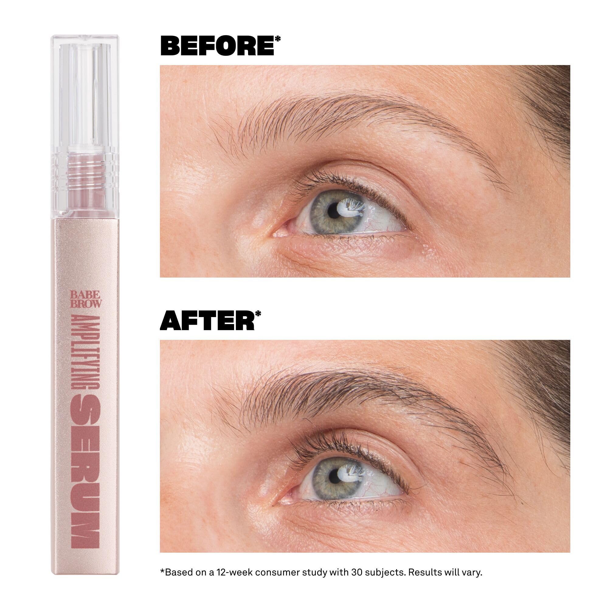 BABE ORIGINAL daily-use eyebrow serum in clear bottle.