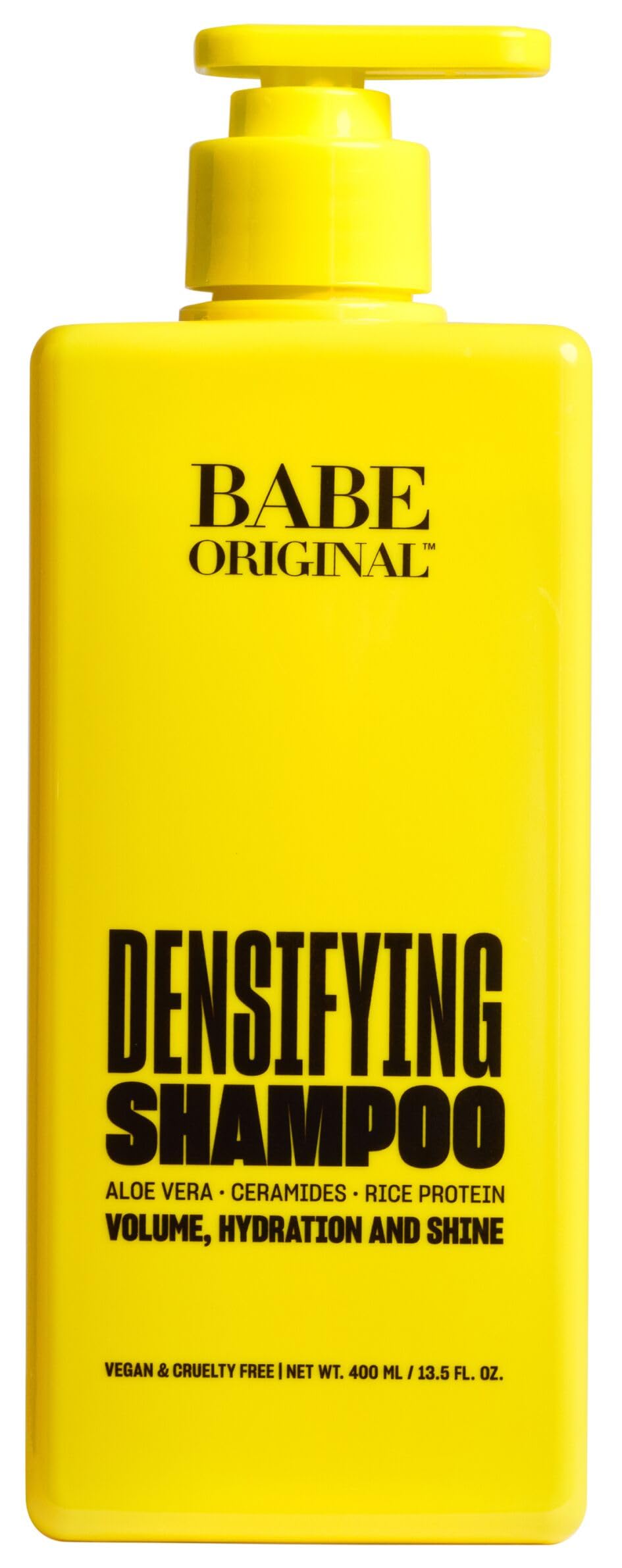 BABE ORIGINAL Locks Densifying Shampoo bottle promotes fuller-looking roots for daily volume.
