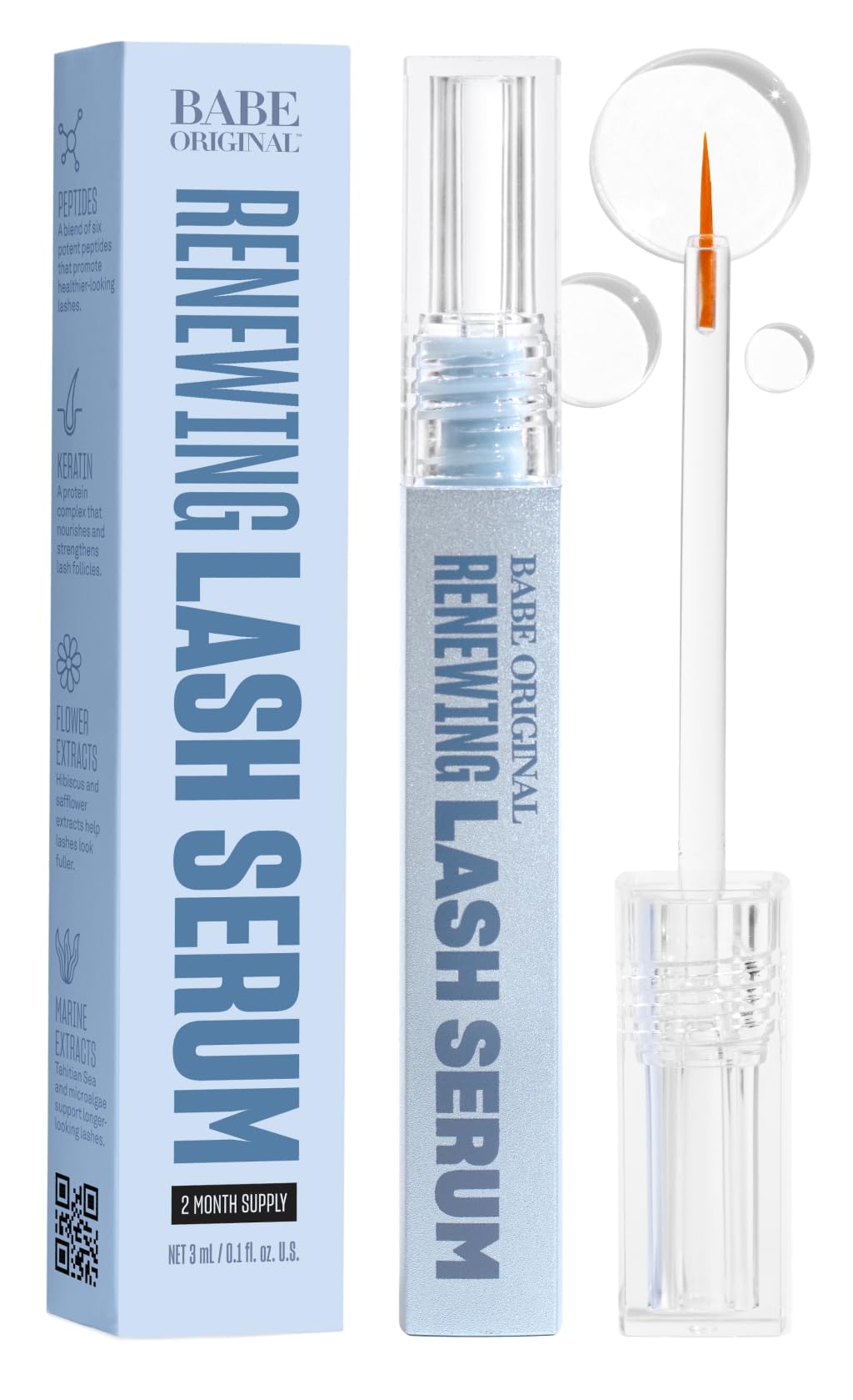 BABE ORIGINAL Renewing Lash Serum bottle close-up highlighting Pro-6 Peptide Complex for healthier-looking lashes