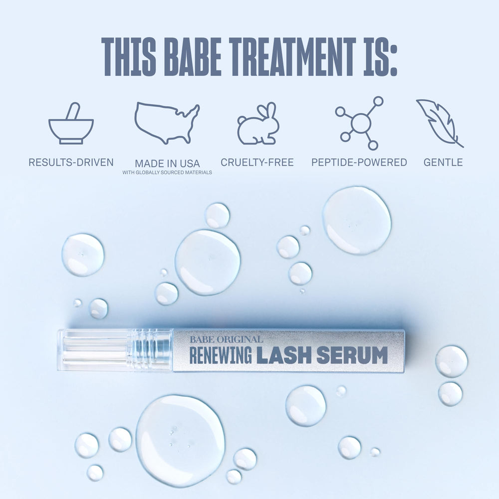 BABE ORIGINAL Renewing Lash Serum held to show portable, travel-friendly packaging