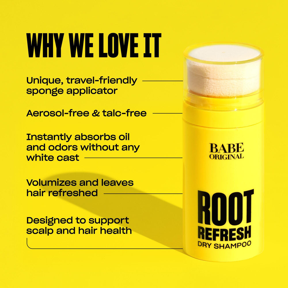 BABE ORIGINAL Root Refresh ingredients aloe caffeine arrowroot shown for scalp care