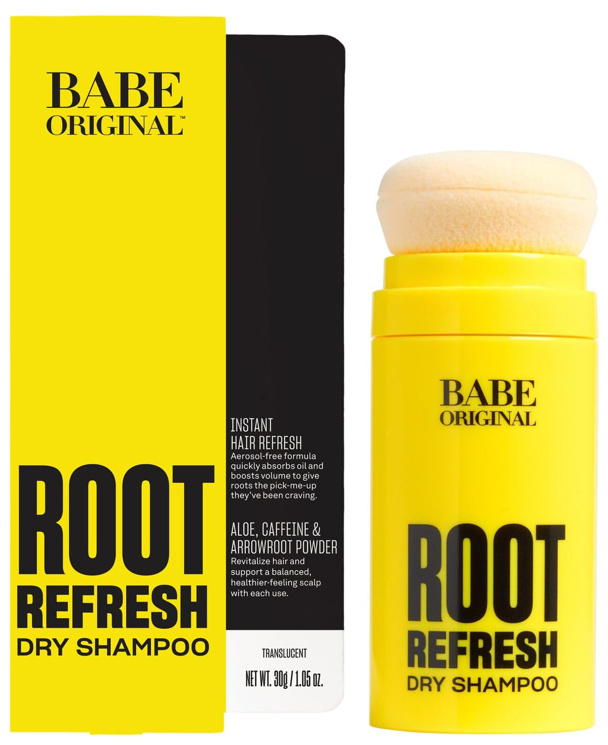 BABE ORIGINAL Root Refresh dry shampoo packaging shown with brand promise and quick refresh capability