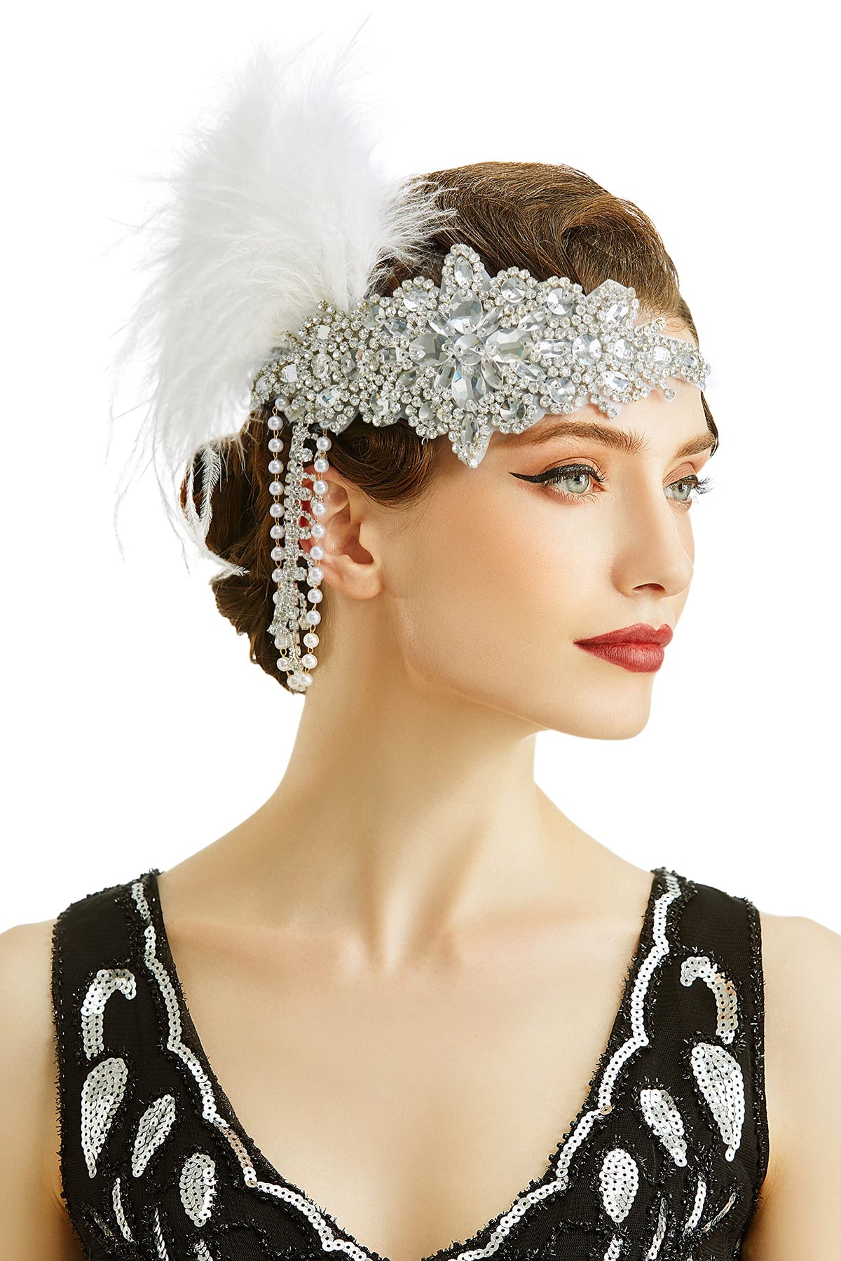 BABEYOND 1920s headband with feather and crystal accents for Gatsby-inspired party style