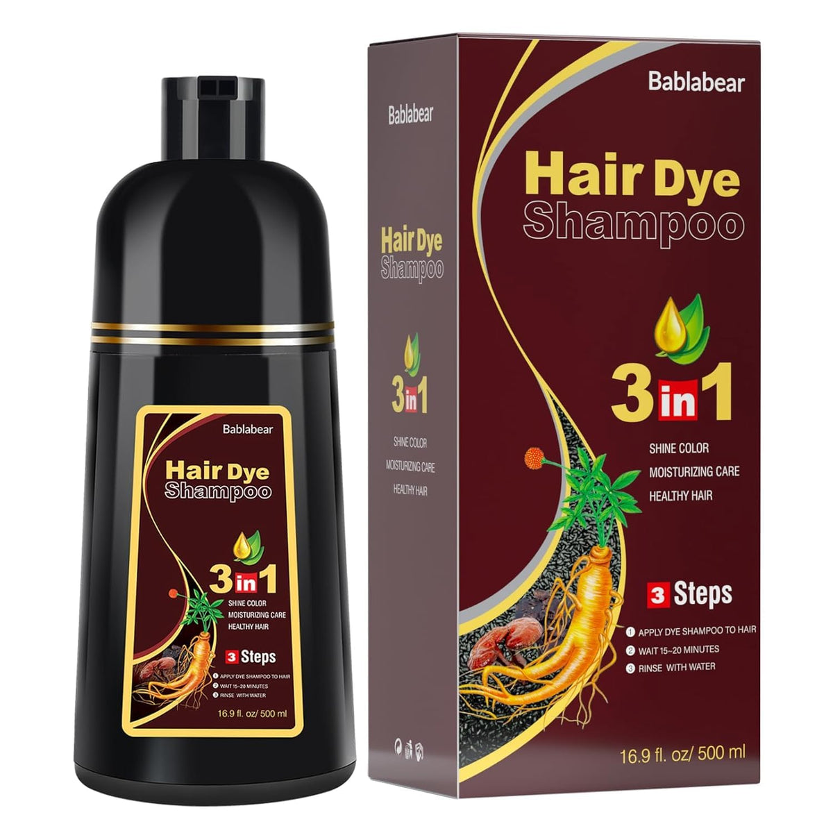 Bablabear brown hair dye shampoo packaging shown for at-home color maintenance.