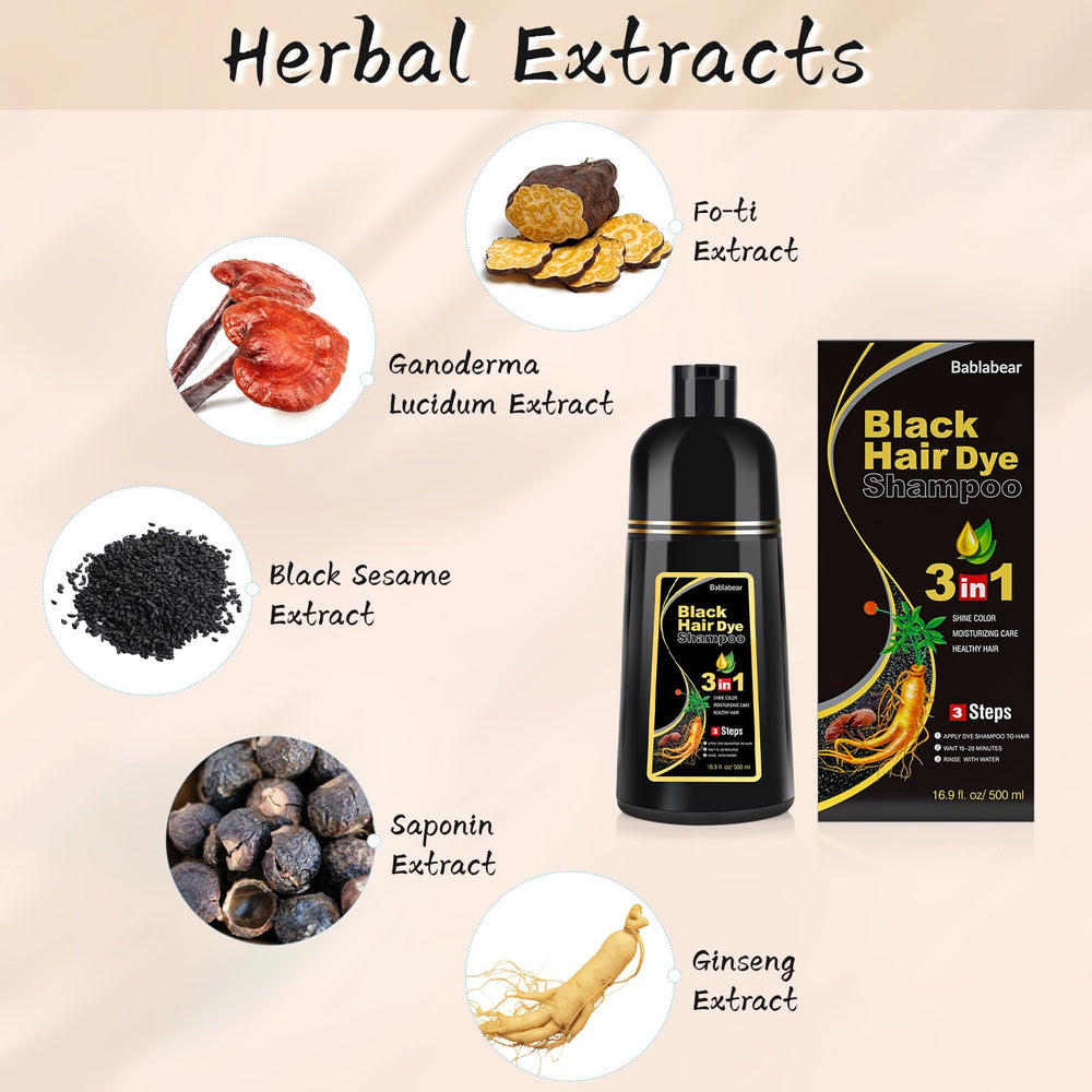 Bablabear gray hair coloring concept highlighting natural herbal ingredients.