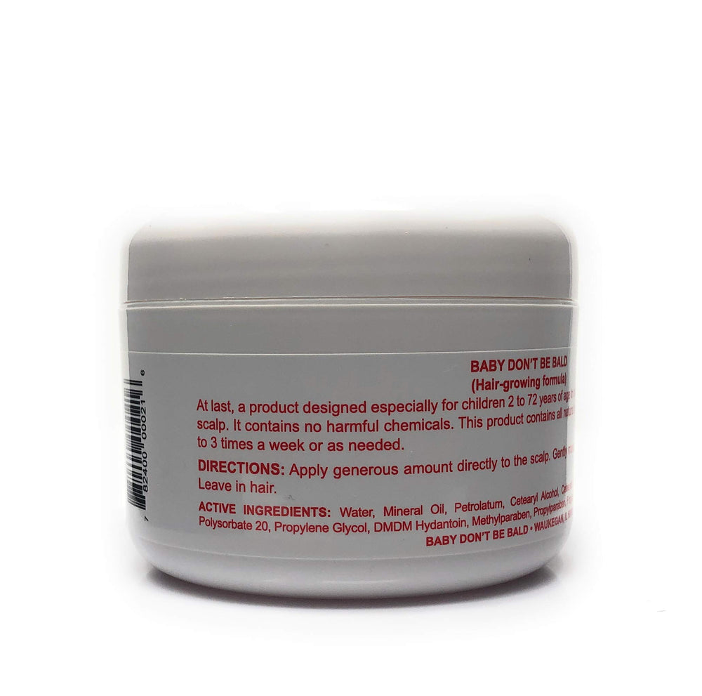 Baby Don't Bald triple-strength bottle with pump demonstrates controlled dosing for scalp nourishment.