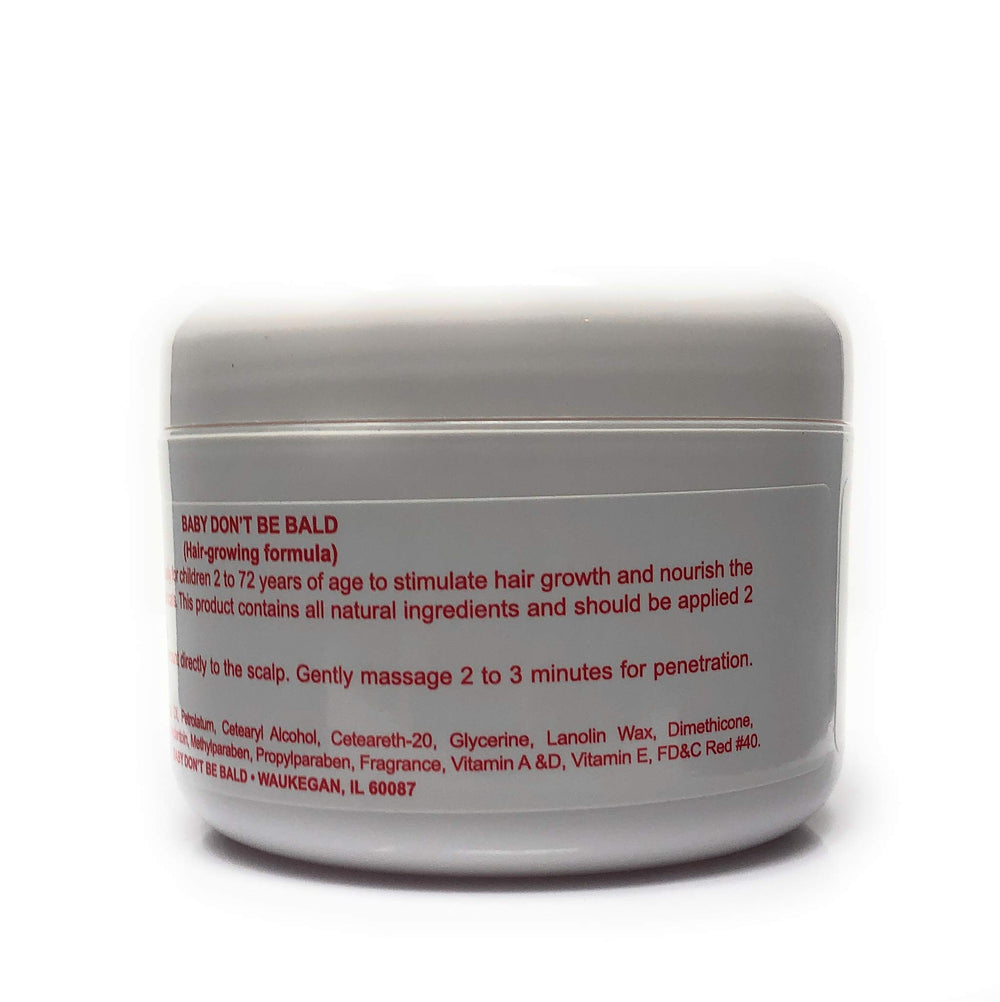 Baby Don't Bald packaging highlighting kid-friendly daily use and nourishment.