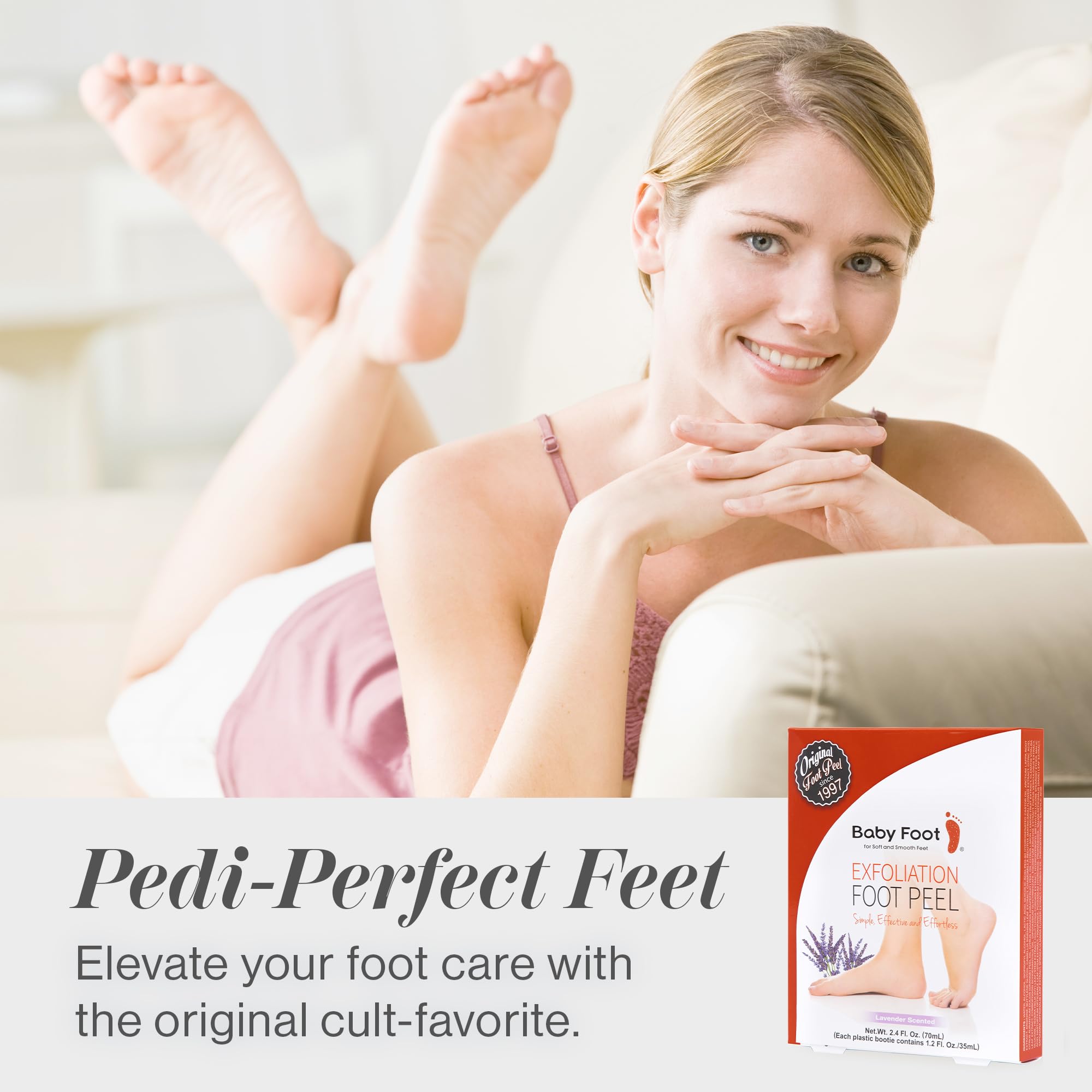 Baby Foot Original lavender aroma visuals suggest calming, luxurious foot care at home.