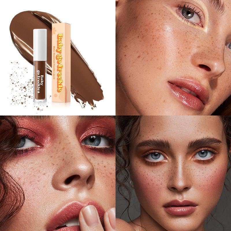 Final look with natural freckles across nose and cheeks.