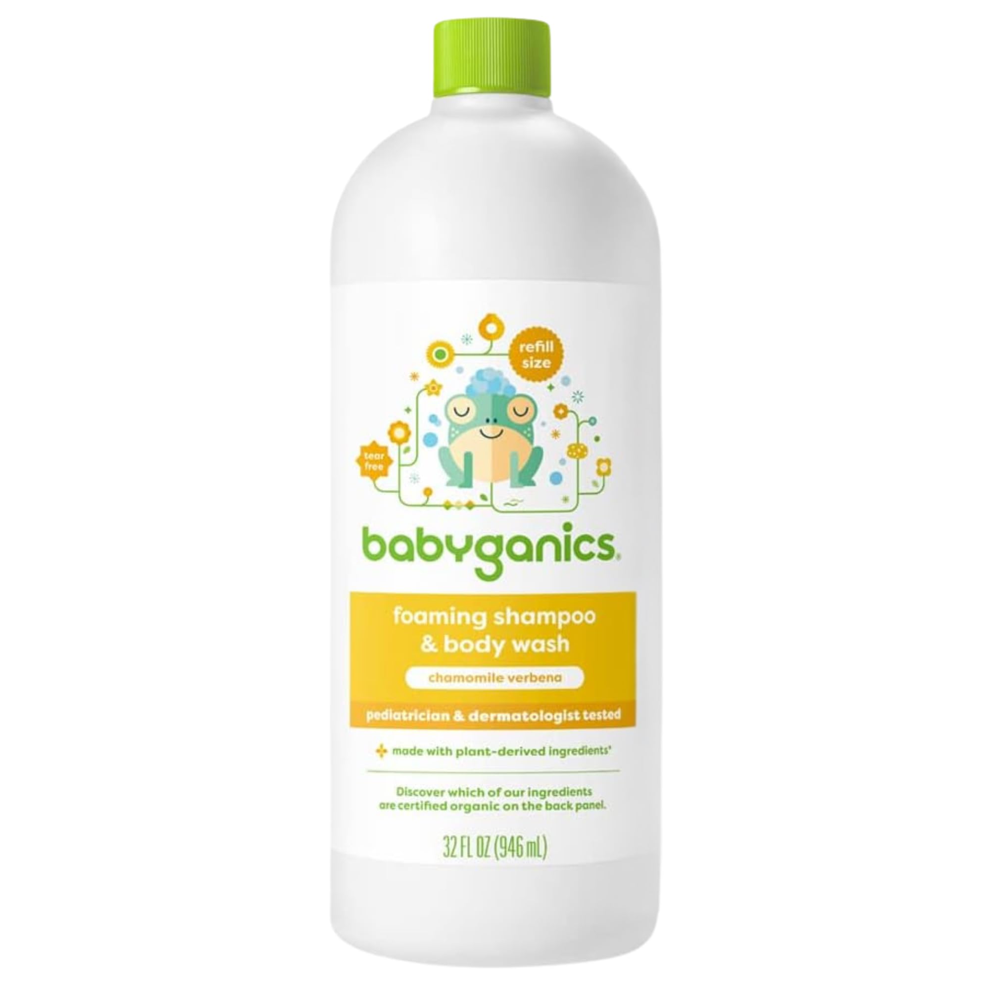BabyGanics Shampoo and Body Wash Refill Chamomile Verbena bottle pour supports quick bath-time routine.