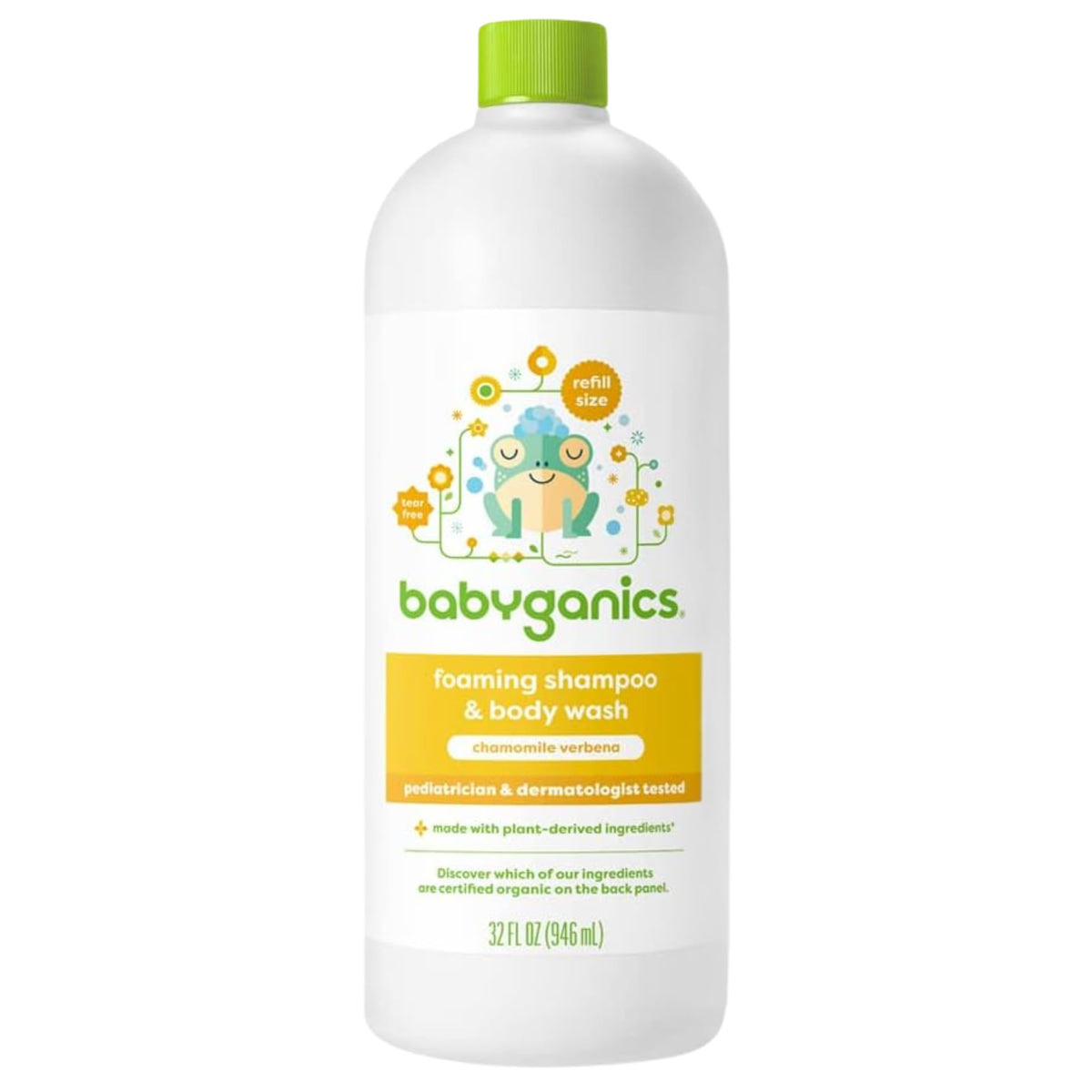 BabyGanics Shampoo and Body Wash Refill Chamomile Verbena bottle pour supports quick bath-time routine.