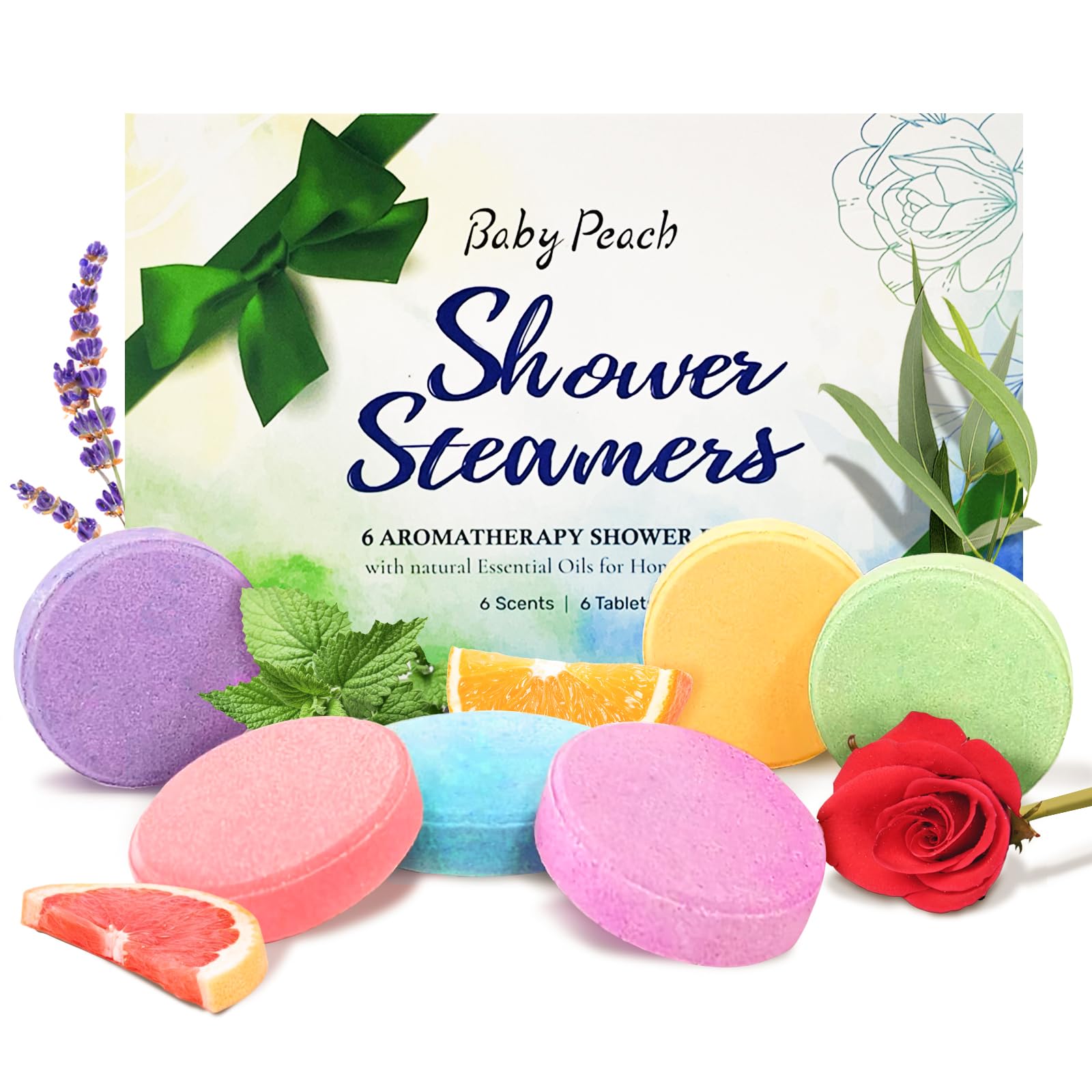 BABYPEACH six pack shower steamers arranged for spa like aroma in the shower