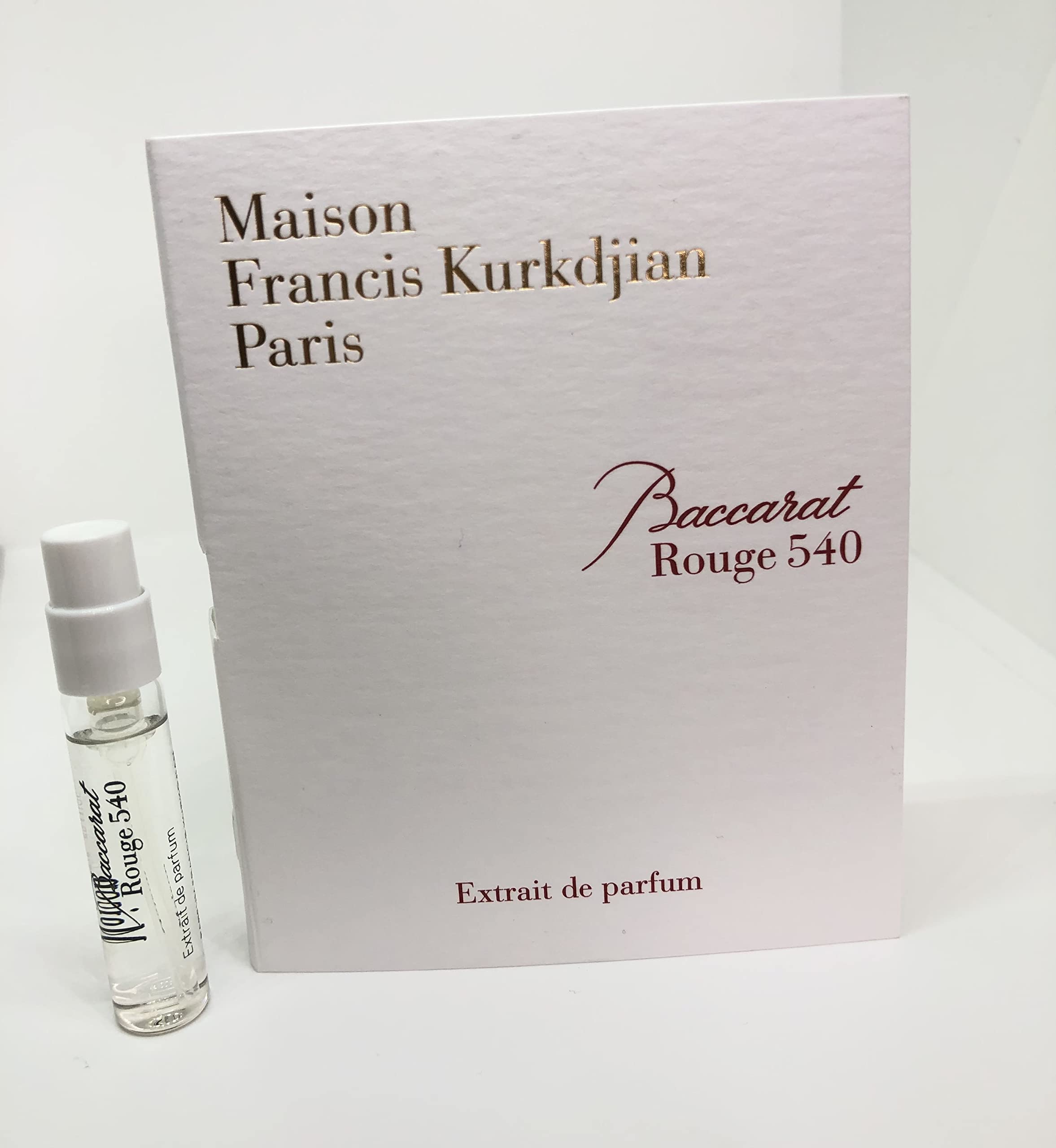 Baccarat Rouge 540 Extrait vial spray packaging for travel testing.