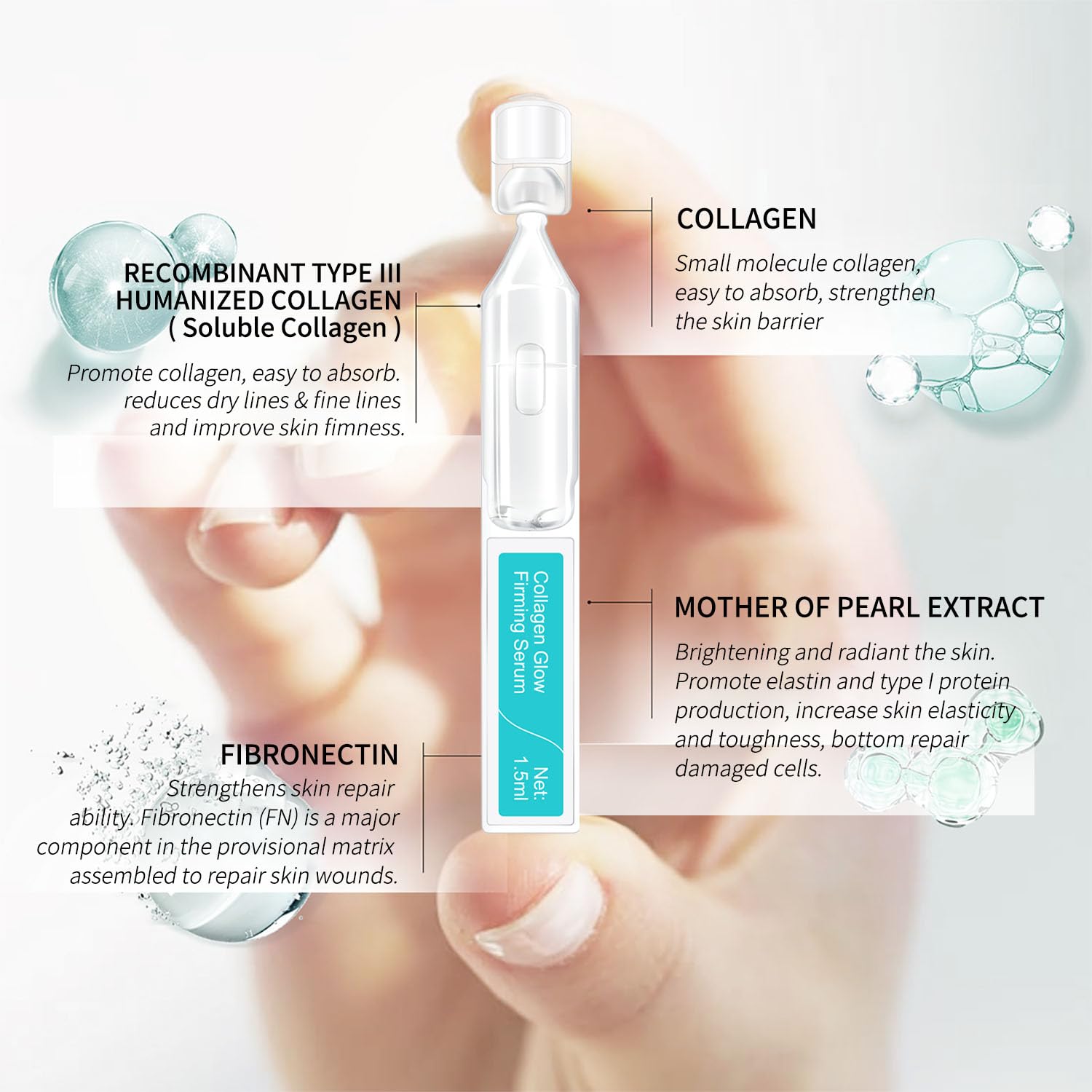 BACHERI Collagen Glow serum ampoule close-up emphasizes pure, potent actives.
