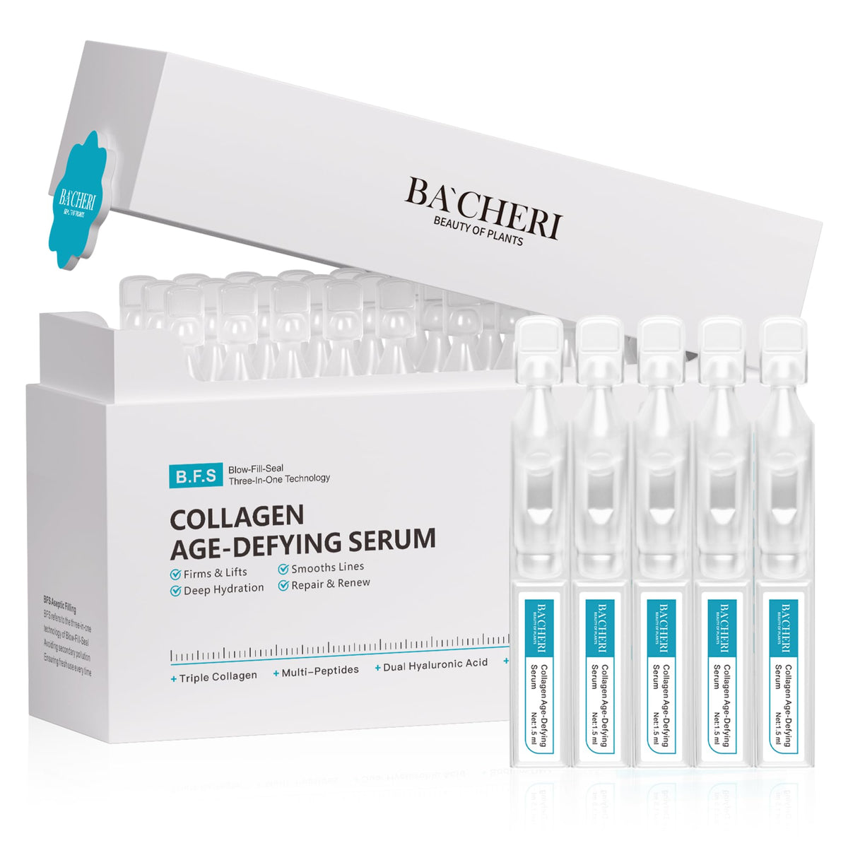 BACHERI triple collagen ampoules box highlighting freshness and elasticity.