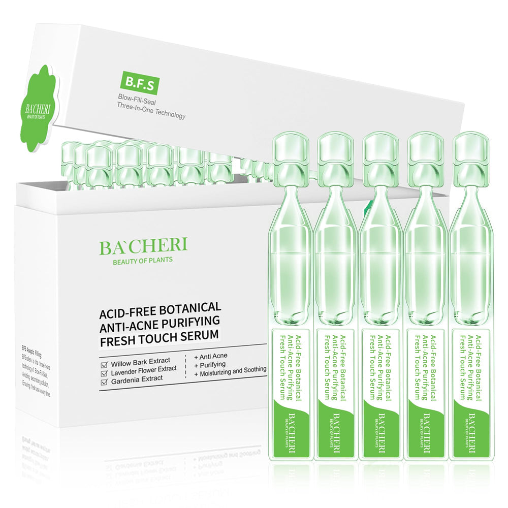 BACHERI Gentle botanical acne serum bottle shows portable, gentle blemish support for daily use.