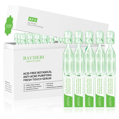 BACHERI Gentle botanical acne serum bottle shows portable, gentle blemish support for daily use.
