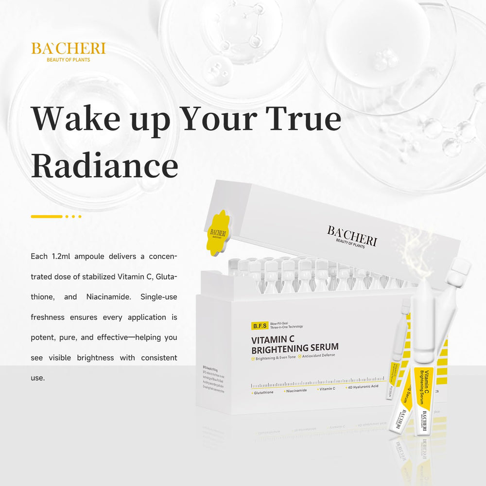 BACHERI Vitamin C Brightening Serum ampoules pack front shows convenient single-use design