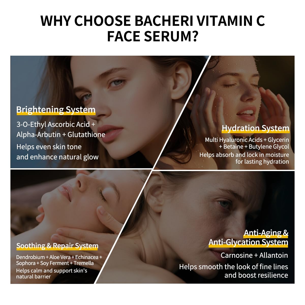 BACHERI Vitamin C Serum Aloe Vera component for gentle soothing.