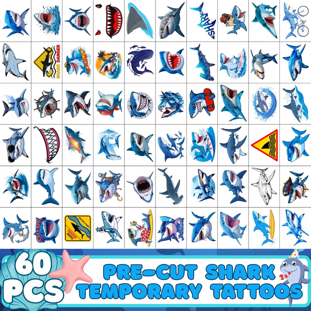 Backtopeia shark tattoos four sheets stacked, quick party distribution.