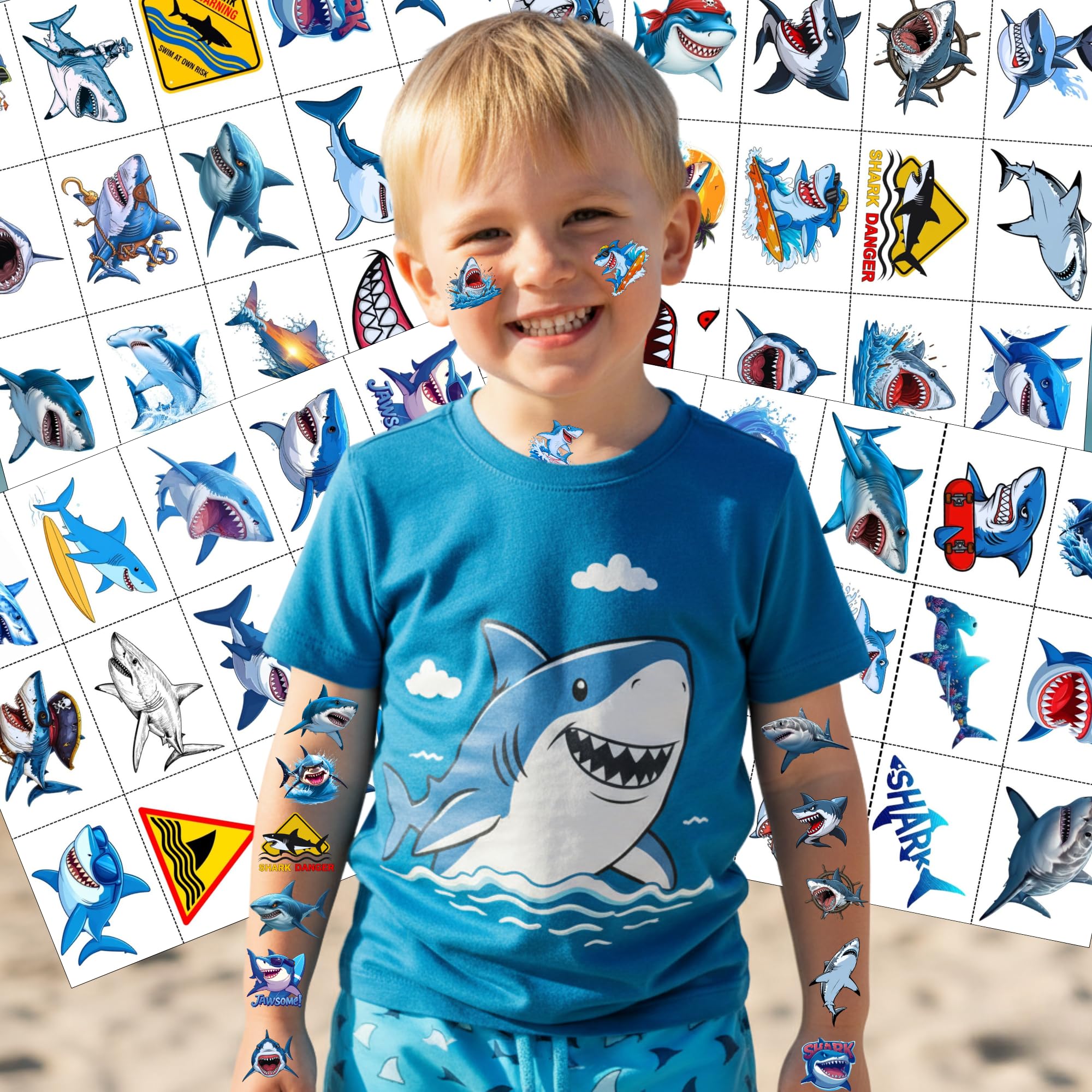 Close-up of Backtopeia shark tattoo sheets with bold marine designs.