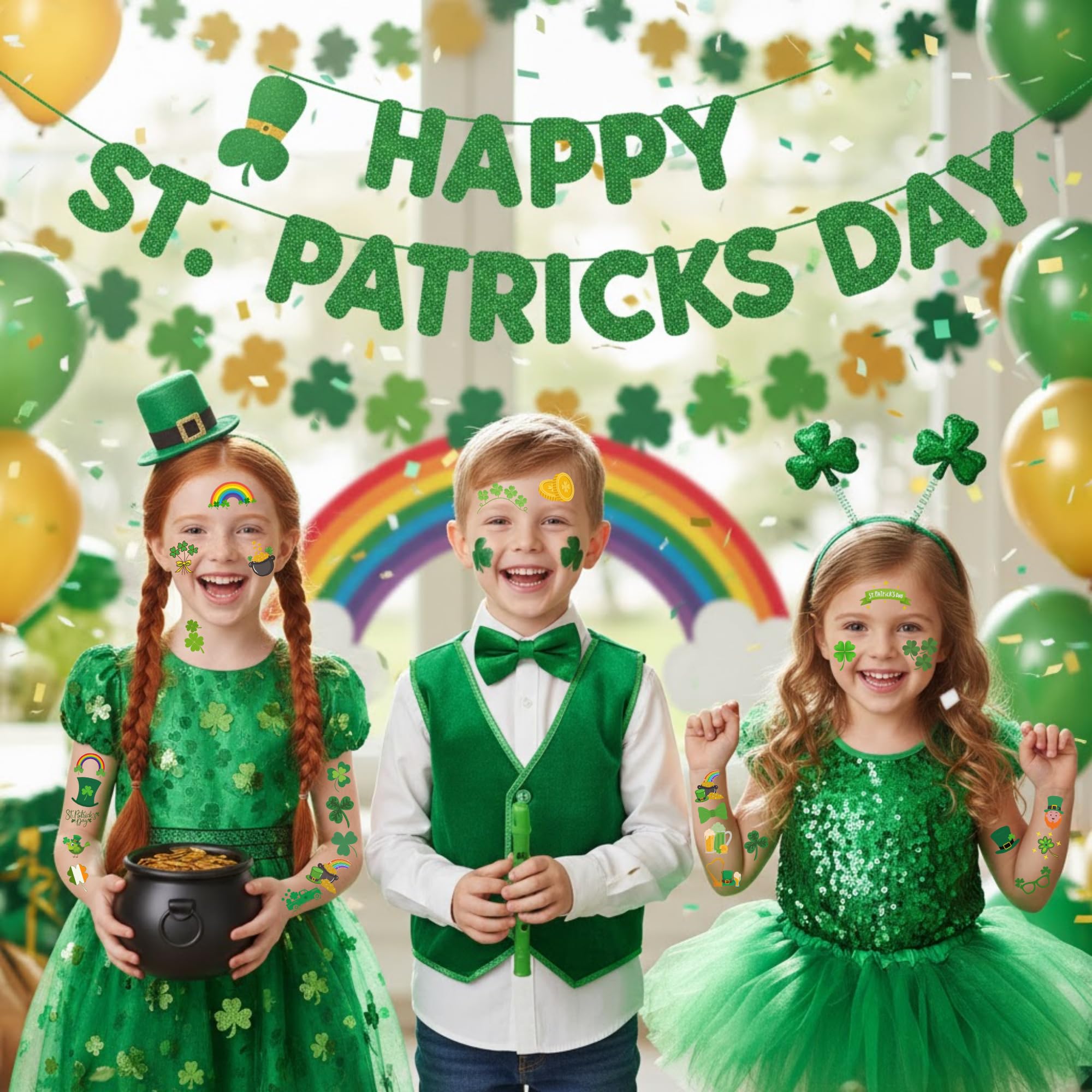 Backtopeia St Patrick's tattoos leprechauns design for kids party favors.