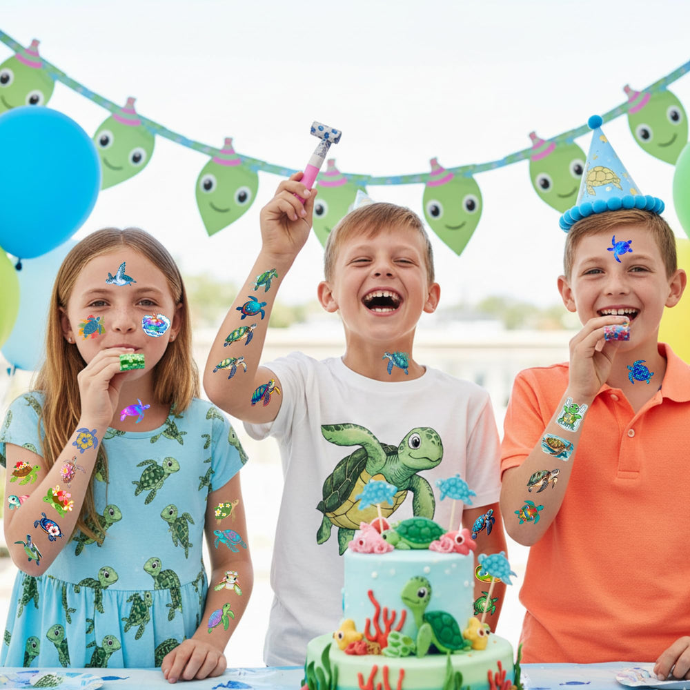 Backtopeia Turtle Tattoos complement birthday banners and table settings.