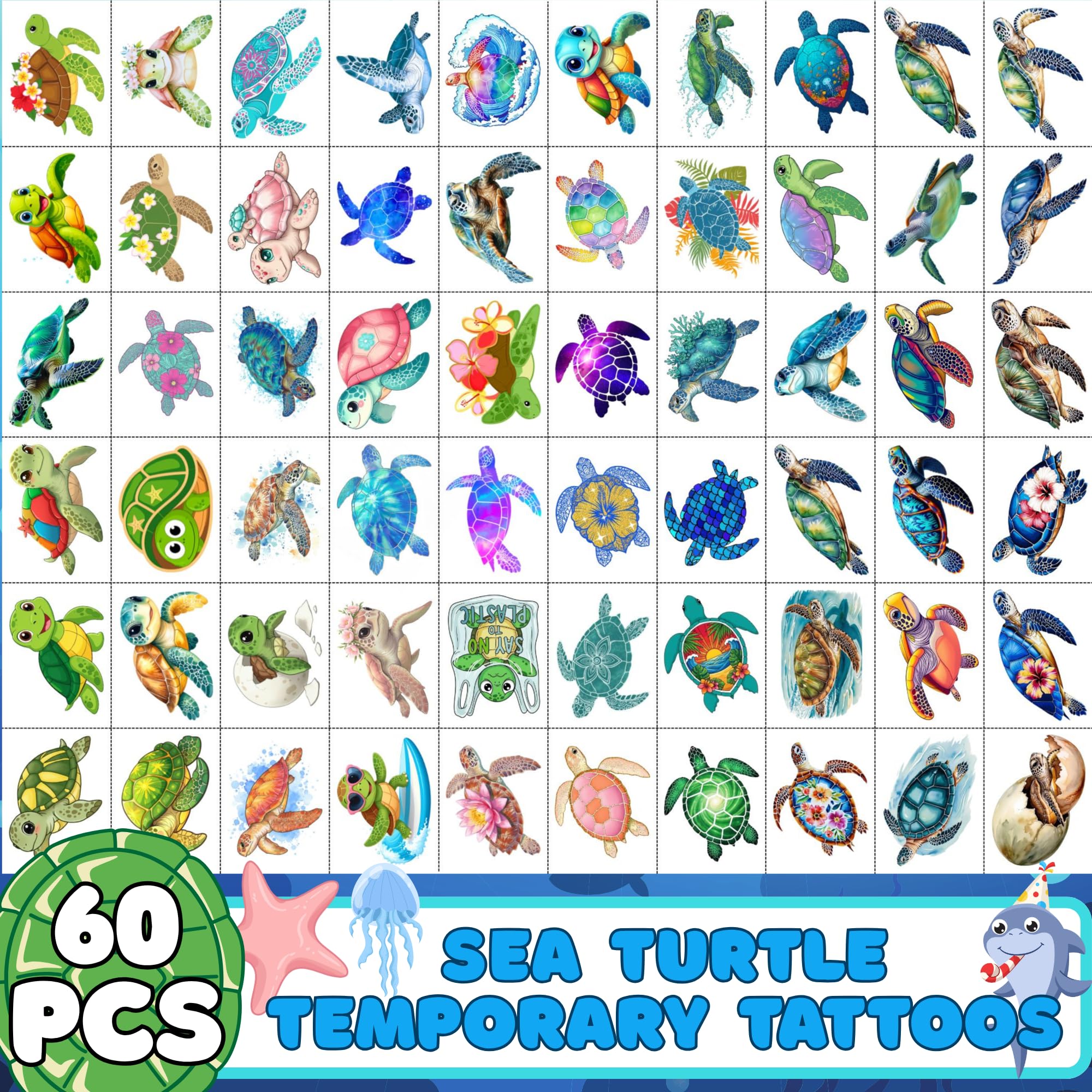 Backtopeia Turtle Tattoos bright ocean designs for kid-friendly party favors.