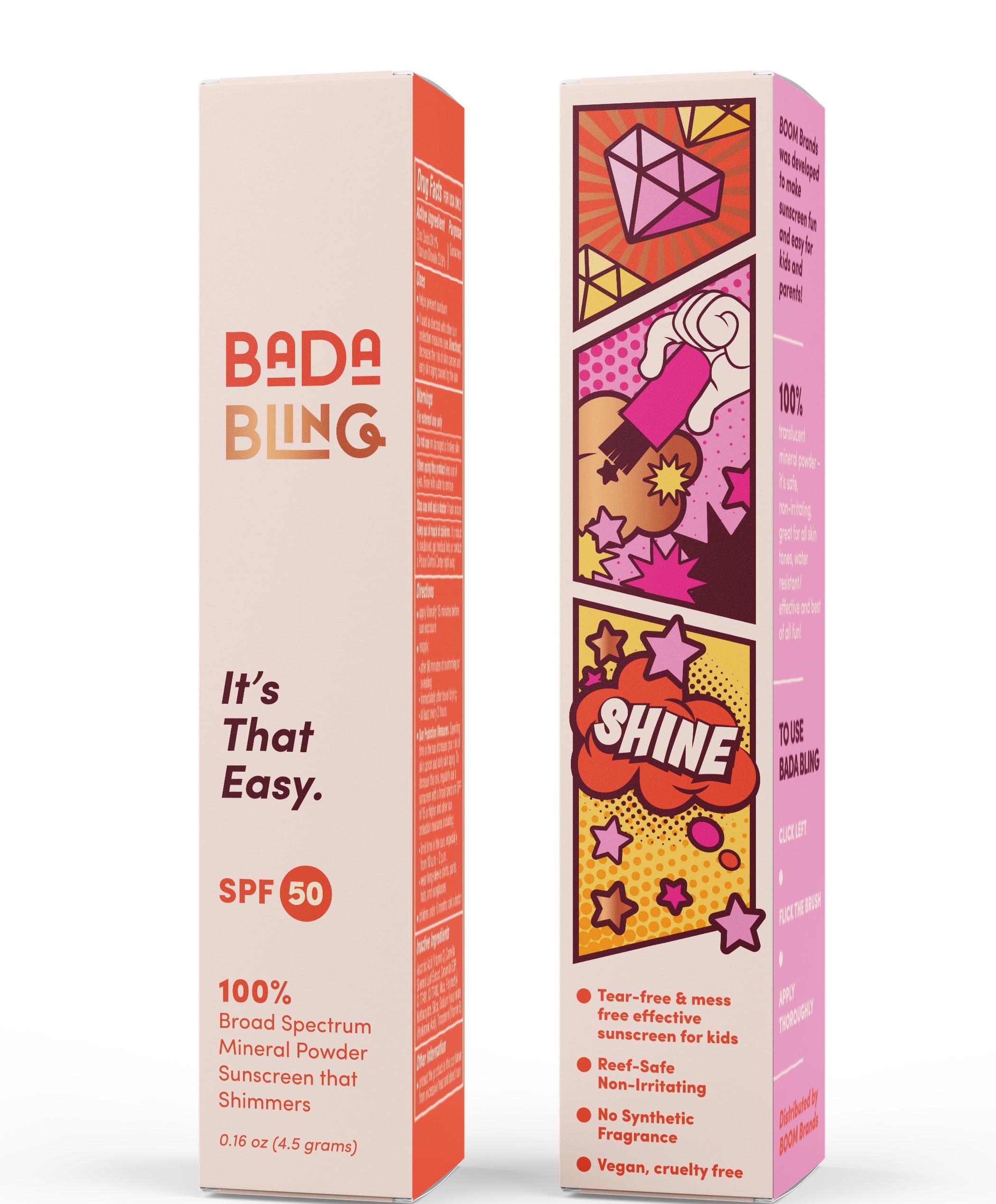 Bada Boom Bada Bling brush-on SPF 50 for quick, mess-free reapplication.
