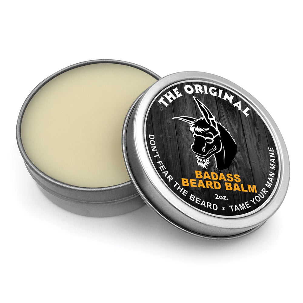 Badass Beard Care Beard Balm application scene demonstrates hair softening and itch relief