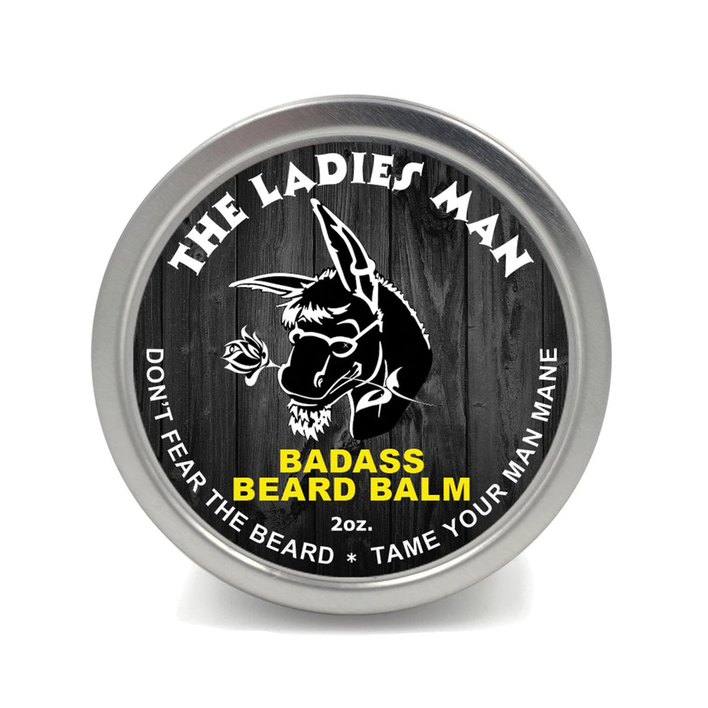 Badass Beard Care The Ladies Man Beard Balm bottle highlights the citrus scent and natural nourishment.