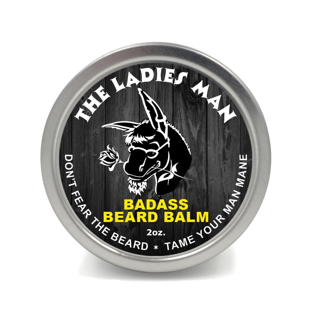 Badass Beard Care The Ladies Man Beard Balm bottle highlights the citrus scent and natural nourishment.
