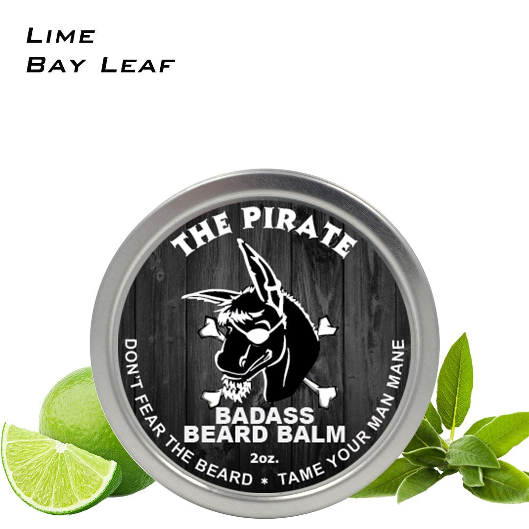 Badass Beard Care Pirate Scent balm tin close-up nourishes hair and soothes skin.