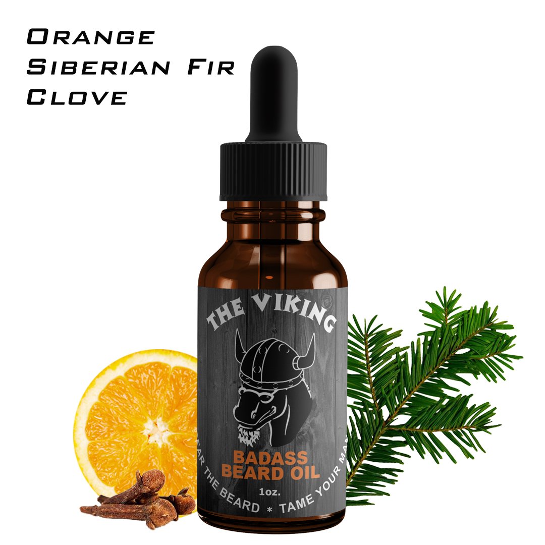Badass Beard Care Viking label close-up highlighting natural ingredients